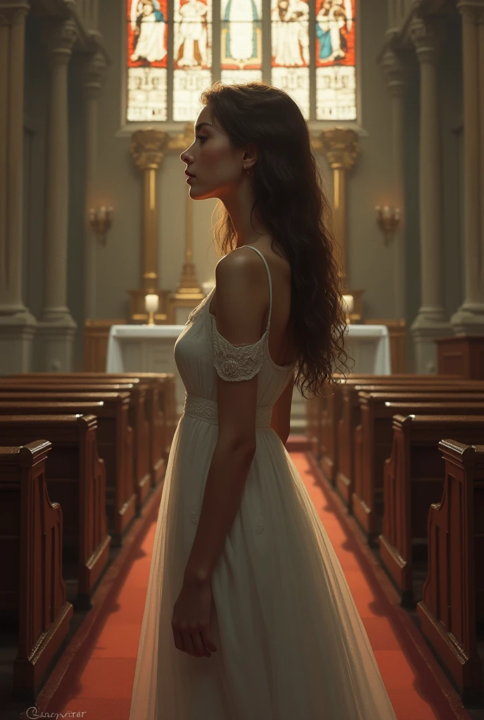 (masterpiece:1.3), (best quality:1.2), very aesthetic, (ultra high resolution:1.2), (extremely details:1.2), (intricate detailed:1.3), realistic, ray tracing, volumetric lighting, ambient occlusion, beautiful artwork, 3DCG, depth of field, 1girl, (holding bouquet:1.1), milf, solo, detailed beautiful face, detailed beautiful black eyes, black hair, straight long hair, blunt bangs, detailed beautiful oily skin, plump, (gigantic breasts:1.4), (sagging breasts:1.2), ruanyi0261, off-shoulder dress, pearl \(gemstone\), tiara, veil, silk, wedding dress, indoors, chapel, stained glass, torch, bridal ceremony, 