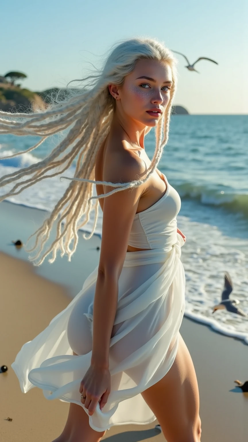(best image quality、highest quality、highest resolution、Ultra-realistic photography、full body photo、masterpiece、16ｋ、）one girl。with terrifyingly long hair。The length of the hair is about 10 meters。A beautiful woman in thin underwear or naked。like a Roger Dean painting、Fantastic Background。