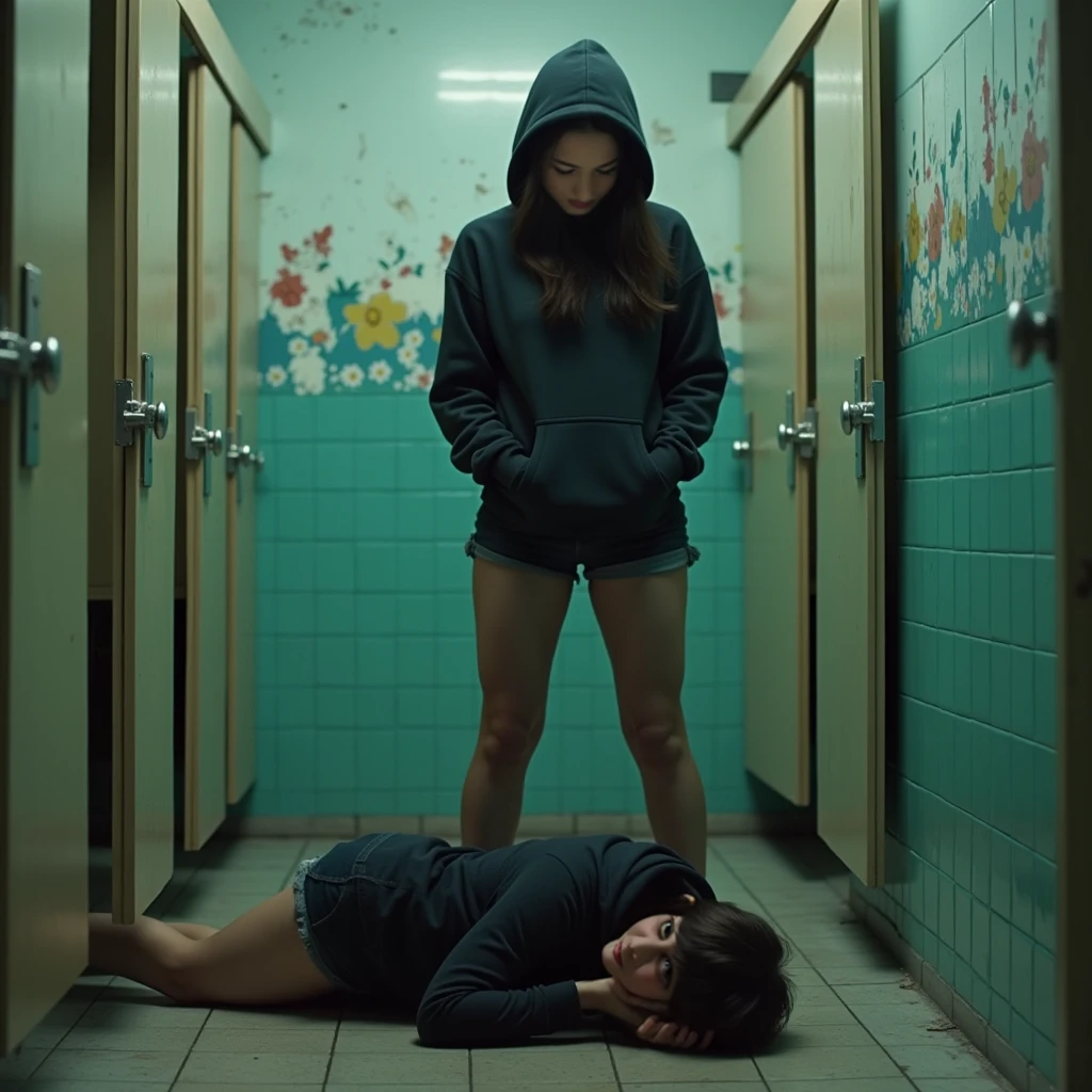 black woman hair in a bun black hoodie black leather short shorts crawling through window as the killer stabs her with a knife blood splatters backside view