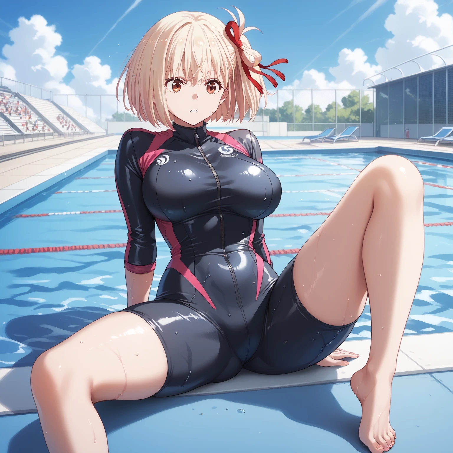 camel toe:1.4、((erect nipples))、(Sweat)、(vapour)､(((long gloves:1.3)))、brown loafers、black calf length socks、Open your thighs wide to the left and right､Squat on the ground、show off your crotch to the viewer, ((latex competitive swimwear:1.3、High leg、squat, spread your legs:1.3, arm behind head ))、、absurdes、blonde straight long ponytail hair、flat lighting、elevation angle、sexy pose、highest quality、complex、surreal、perspective, very detailed, detailed background, shape、1 girl、alone、blue eyes、slanted big breasts、light smile, embarrassing, blush, ((outdoor poolside)), 
