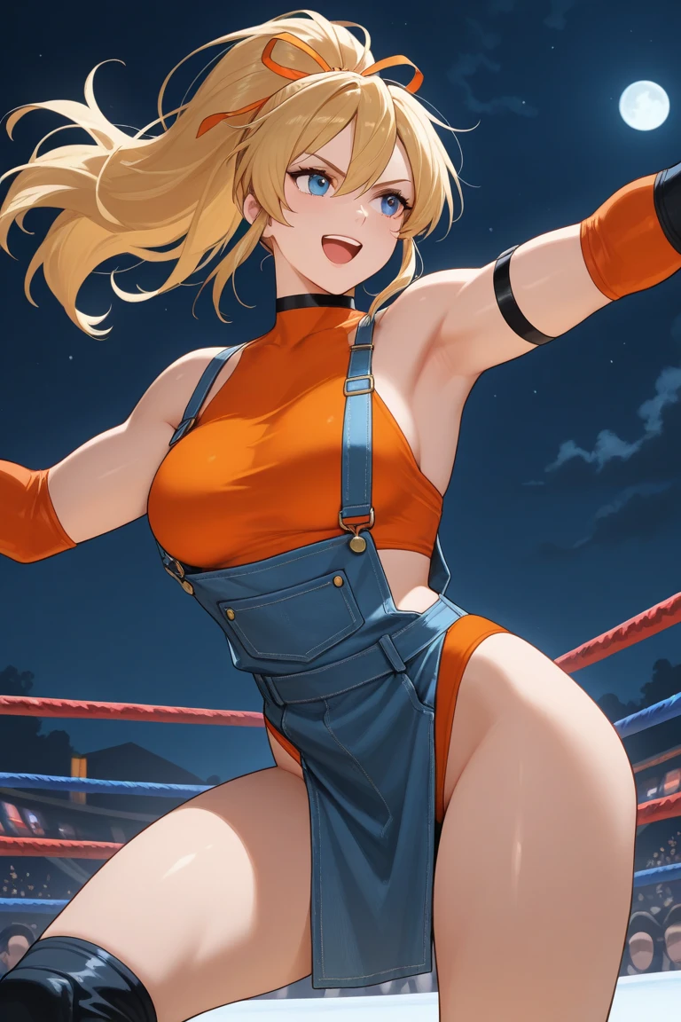 score_9, score_8_up, score_7_up, 1girl, solo,FCTerry, blue eyes, baseball cap, ponytail, cropped jacket, white star on jacket, white undershirt, midriff, fingerless gloves, shorts, blushing, nervous, open mouth wavy mouth, hand on ass, grabbing own ass, bowed legs, standing, looking at you, fighting arena, ass from behind