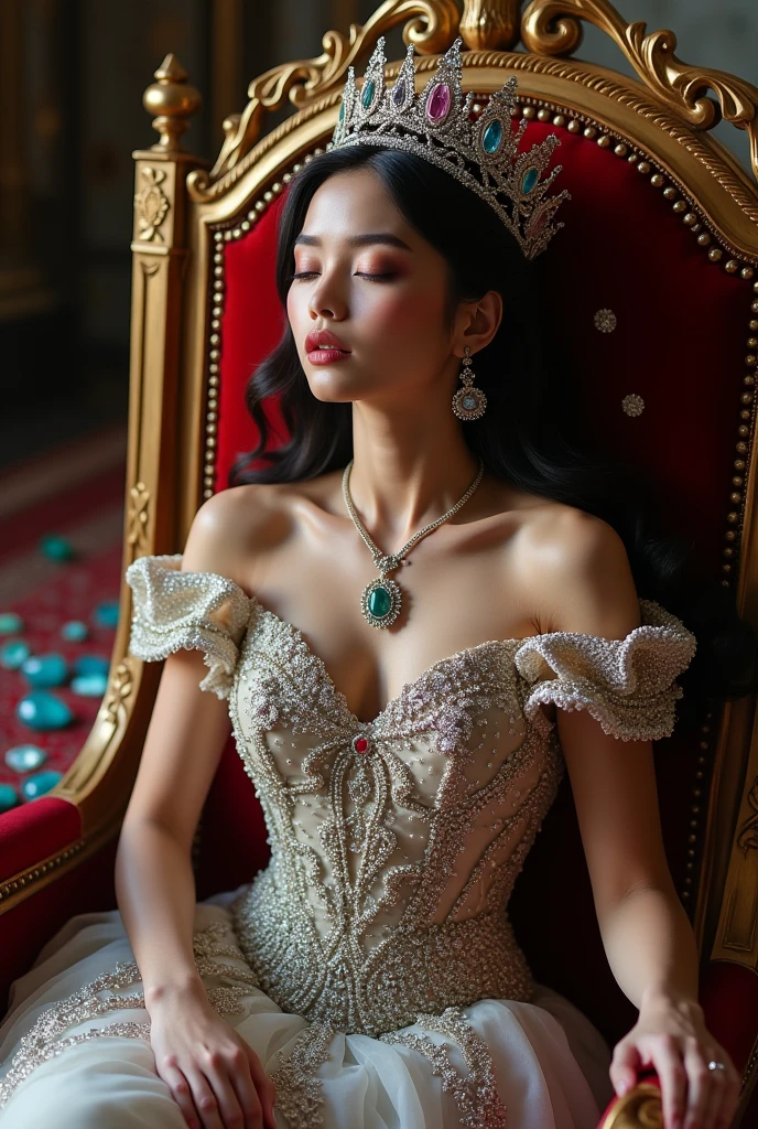 Royal sister,exquisite eyes,ice queen,put the crown on your head,Detailed facial expressions body,tall figure,Gorgeous,Leg length,4k,HD,Sensual,translucent lace,白皙plump figure,pretty face,Little cherry mouth,beautiful and delicious(3D royal sister),plump figure,gloss gel coat,Queen in luxurious dress,Crystal Gem Crown,Necklace jewelry,white gloves