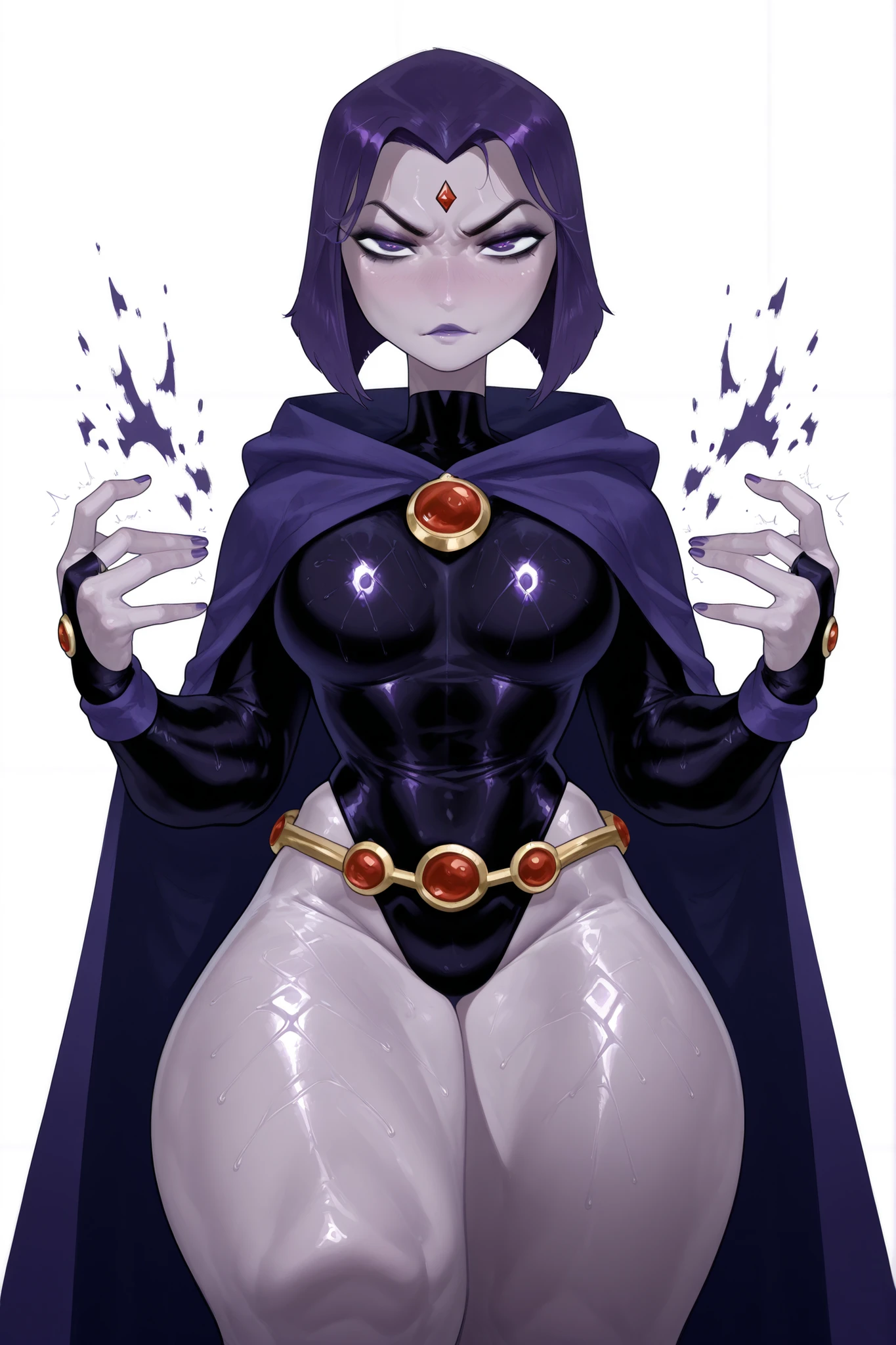 (yoneyama mai:0.8),(watercolor art),realistic,(anime lines:0.7),
materpiece,amazing quality, high quality,best quality, very awa, highres, absurdres,uncensored,very aesthetic,BREAK,
Raven (DC Comics), 1girl, solo, xravenx, purple eyes, purple lips, purple hair, short hair, colored skin, forehead jewel, makeup, purple nails, highleg leotard, bridal gauntlets, belt, cloak, thick thighs, sexy pose, stoic, neutral, breast focus, blank background, oily skin, shiny skin, girl focus, white background
BREAK, detailed illustration, detailed background, detailed eyes,depth of field,
materpiece,amazing quality, high quality,best quality, very awa,very aesthetic,