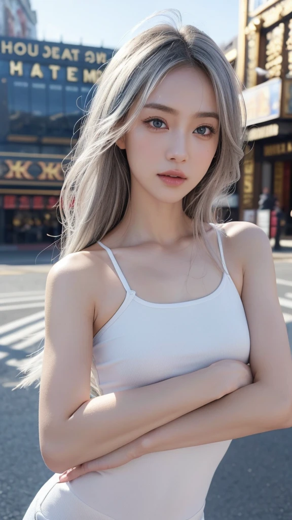 (masterpiece, best quality, 8k, raw photo, absurdres, silver hair:1.2), no makeup, small face, facelight, tanktop, upper body, breasts focus, smaller waist, pretty girl, teen, looking at viewer, medium breasts, photorealistic, film grain, chromatic aberration, highres, ultra detailed, finely detail, detailed eyes and face and skin, beautiful skin, dynamic lighting, dramatic lighting, sharp pupils, realistic pupils, (simple background, humid:1.3)