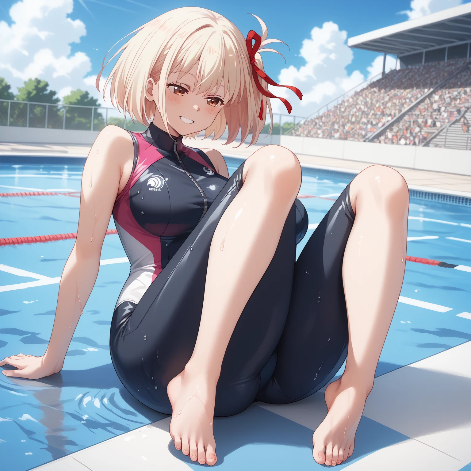all intricate details: "an athletic girl with a perfect body, cute, symmetrical face, Olympics, Olympic pool, swimming, swimming competition, wears the number "1126" in the competition swimsuit, random tv angle"
