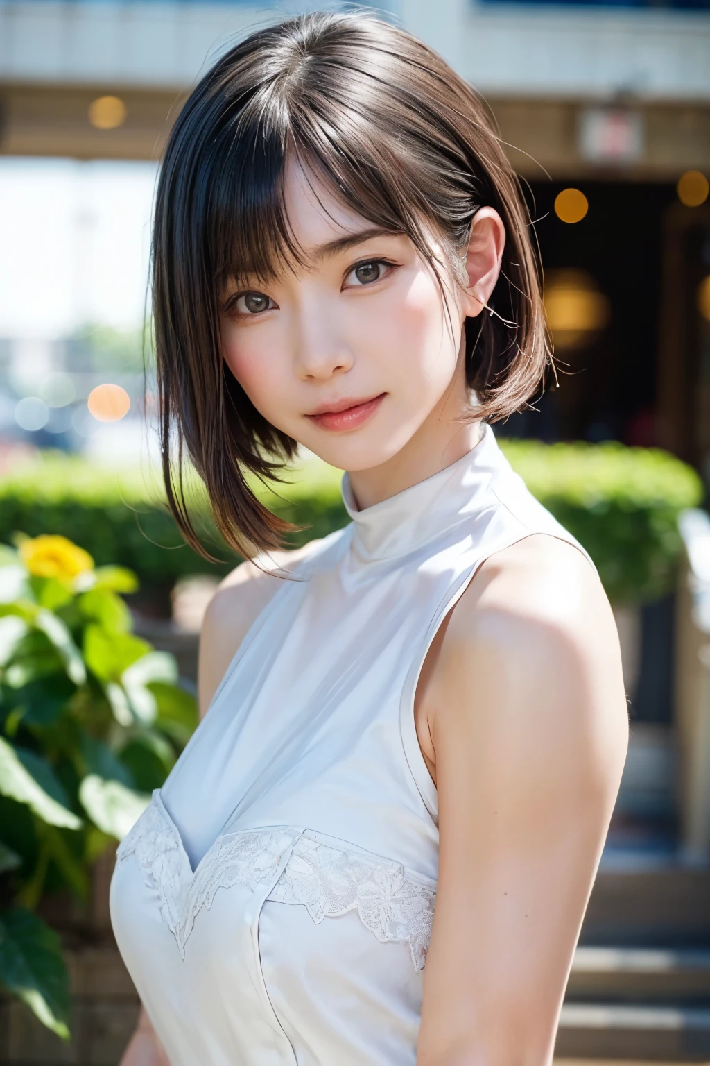 (masterpiece, top-quality),1girl in, 独奏, hyper realisitic, Photorealistic,realisitic, looking at the viewers, brown eyes of light color:1.4,Brunette short bob hair with highly detailed shiny hair, Winter clothes in bright colors, lepangas:1.4), plein air, a closed mouth, The upper part of the body、big eye、Lashes、{Gigantic|Big|Huge|Mega} breasts:1.4, cleavage:1.4、(((big eye、Short bob hair、Intense highlights of the pupils、gazing at viewer、She is a very beautiful and cute beauty、Put your ears out、long neck、smil、Close your mouth and smil、bangs beautiful teeth)))、Ideal ratio body proportions、(Snow-covered tree-lined streets in Norway in winter)