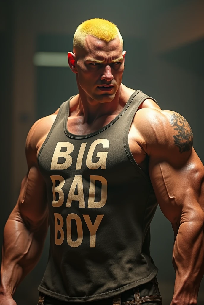 Whole body image of an Absolute monster of a Caucasian is showing off his huge bicep muscles. Huge huge shoulders and massively overdeveloped traps, he is as broad as he is tall. 30 years old. blond close cropped stubble, powerfully muscled, massive shoulders and biceps. well-defined six pack. Exceptionally thick gold cross necklace. chest tattoo. Forest