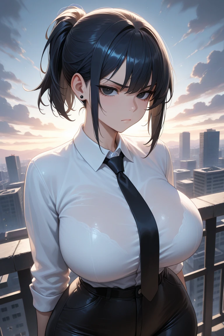 juri han, work of art, tight white secretary shirt with black tie, black high waist skirt, short skirt, black hair, black tights,evil smile,office,franja nos olhos,lighting,chifre de cabelos,view from above,olhando para cima