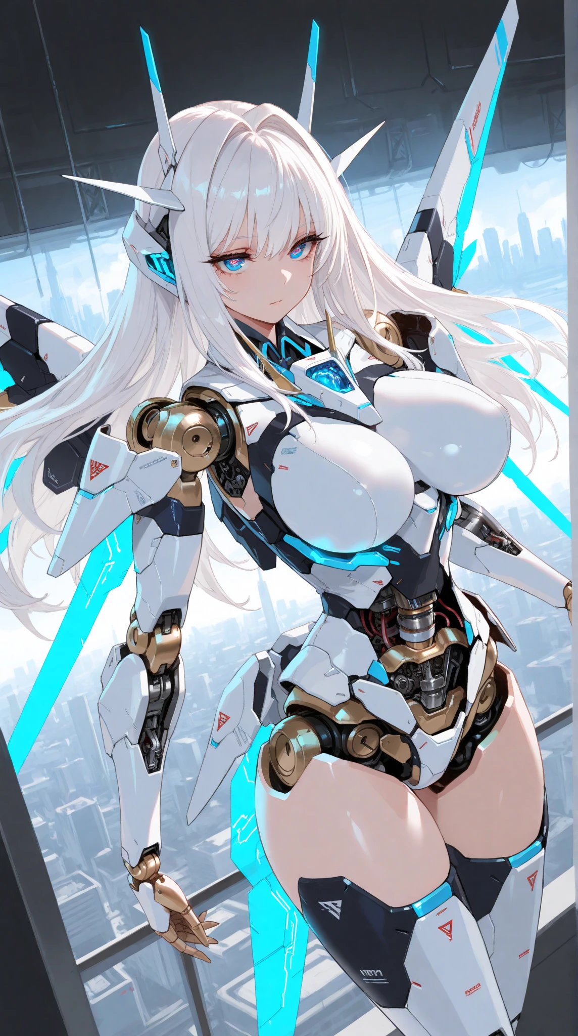 ((8K)), ((32k)), ((highest quality)), ((masterpiece)), ((超A high resolution)), ((T Masterpiece)), ((halo:1.3))、fine skin texture, fine cloth texture, fine metal texture、((beautiful and detailed face))、Raw photo、Professional, Ultra-fine painting, ((solo)), beautiful breasts、highest quality, Super detailed, Super detailed, small details, very beautiful, Princess Knight Robot, (Joint of the machine, mechanical limbs:1.3), (The internal structure of the machine is exposed:1.3), (red long hair 1.1), (Beautiful and huge mechanical breasts)、white veil, cowboy_shot, side focus, headgear, shiny, ((silver mechanical blindfold:1.8))、 (five fingers, 4 fingers and 1 thumb),concept art, anime fantasy artwork, detailed fantasy art, (with pale blue-violet hair and large white wings,,), (((long hair))), (Mecha:1.6)Sleek and menacing design, ((Armament of the Supreme Commander-in-Chief)), (perfect robot body)、Pure white and blue-purple armor, symmetrical wings, 8K high quality detailed art, 3D rendering of character art in 8K, clear legs, defined, defined fingers, NSFW、((head shot:1.3))