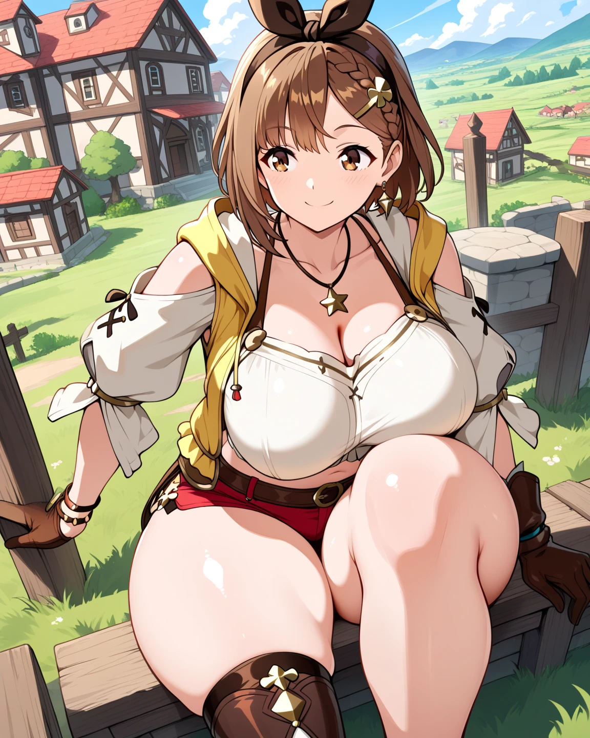 (masterpiece, Highest quality:1.2), alone, One girl, 、Kindergarteners、、6 years old、、の小さな体、Jessica, Embarrassed expression, blush、Twin tails, Purple Shirt, Strapless Dress, corset, Earrings, belt,Long skirt、 Cleavage、(Huge breasts:1.2)、Squatting with legs apart、Flashy Panties、Underwear wedgie、From below、is see-through、See-through panties、Background grassland