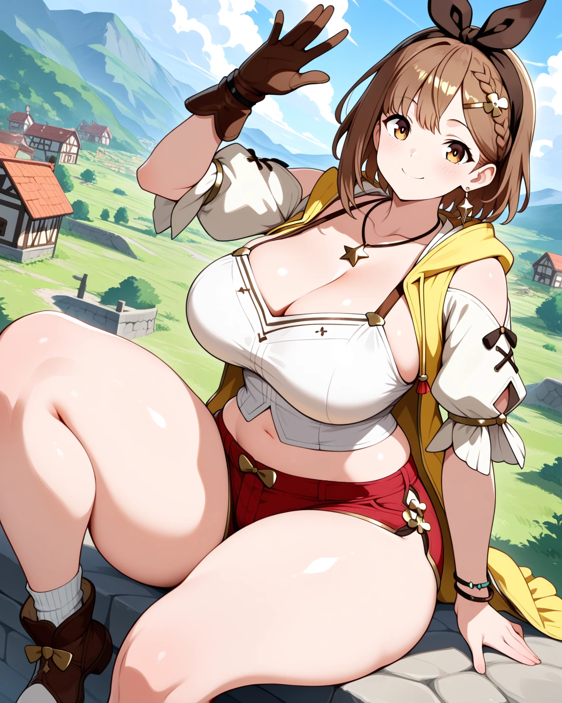 masterpiece,hentai anime character, I'm straddling a man's crotch, Ryza having intense cowgirl sex, (((Aggressive vaginal sex: 1.2))), favorite,Bounce and shake wildly,, 32K,Super detailed,Ultra-detailed,Big Breasts, Vibrant breasts, Short brown hair, shirt, Shorts, Red shorts, White Beret, Black knee socks, Ryza outfit, loungewear, {{A biological weapon that preyed on the sleeping Ryza and transformed into her appearance, Big  bouncing}}, Shake violently, Overall view, Town, NSFW