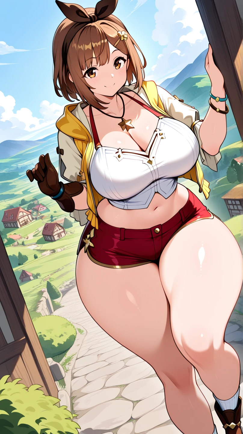 solo、One girl、women only、Huge Ass、Huge breasts、Hyper Chest、Wide hips、Thick thighs、Front view、Leonardo da Vinci、Leonardo da Vinci \(fate\)、Long Hair、bangs、blue eyes、Brown Hair、分けたbangs、Underbust、gem、(esugaki\)、Wicked Smile、teeth、Proud face、(A bust that seems to be bursting)、Twin tails、Red hair ribbon、star \(symbol\)、necklace、Goggles on head、Jumpsuit workwear、Inventor、belt、factory、Covered in dust、tool