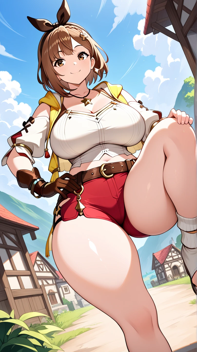 masterpiece, highest quality, soft lighting, disorganized, looking at the viewer, alone, smile, goggles on head, amber \(genshin impact\), brown eyes, brown hair, long hair, Red Hair Ribbon, leather gloves, Thighhighs, white boots, big breasts, cleavage cutout, shrug \whole body, ((big breasts))、,((amount)) (((Extra-thick thighs,standing with legs spread)), Overgrown ruins, Mountain,(NSFW),((nude)),((Showing your)),