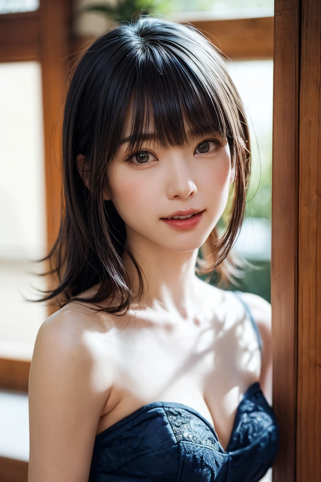 (masterpiece, highest quality),1 girl, solo, hyper realistic, realistic,realistic, looking at the viewer, light brown eyes:1.4,非常に詳細な光沢のある髪を持つブルネットのshort bob hair, bright colored winter clothes, lepangas:1.4), outdoor, closed mouth, Upper body、Big eyes、eyelash、{huge|big|hugeな|mega} chest:1.4, cleavage:1.4、(((Big eyes、short bob hair、Highlights from students、look at the viewer、She is very beautiful and cute、Please show your ears、long neck、smile、Close your mouth and smile、bangs beautiful teeth)))、ideal body proportions、(Snow-covered tree-lined street in Norway in winter)、美しいlong neck:1.4%