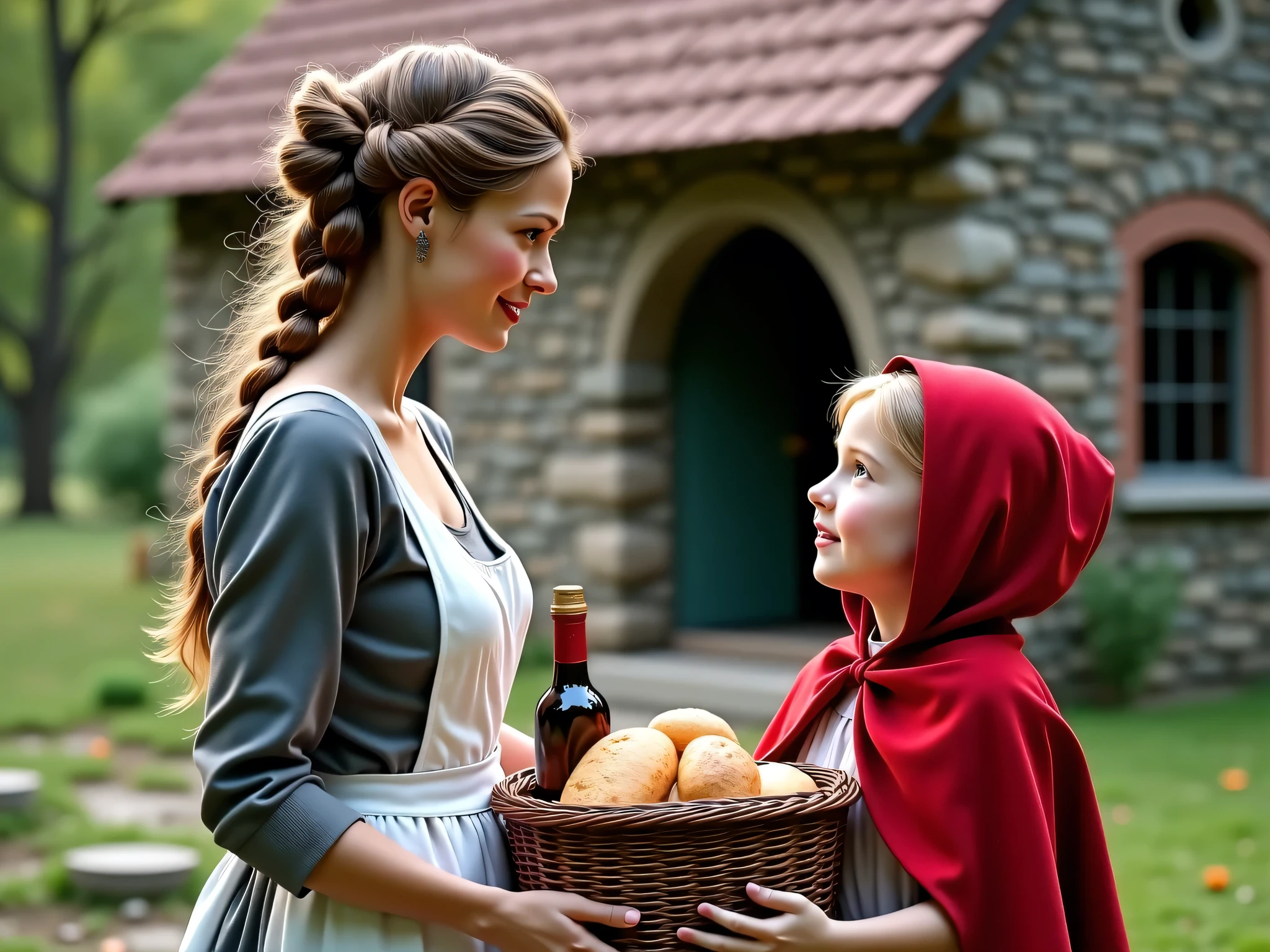 Young Red riding hood with her mother inside a rustic cottage. Her mother giving a wooden basket filled with fruits to her