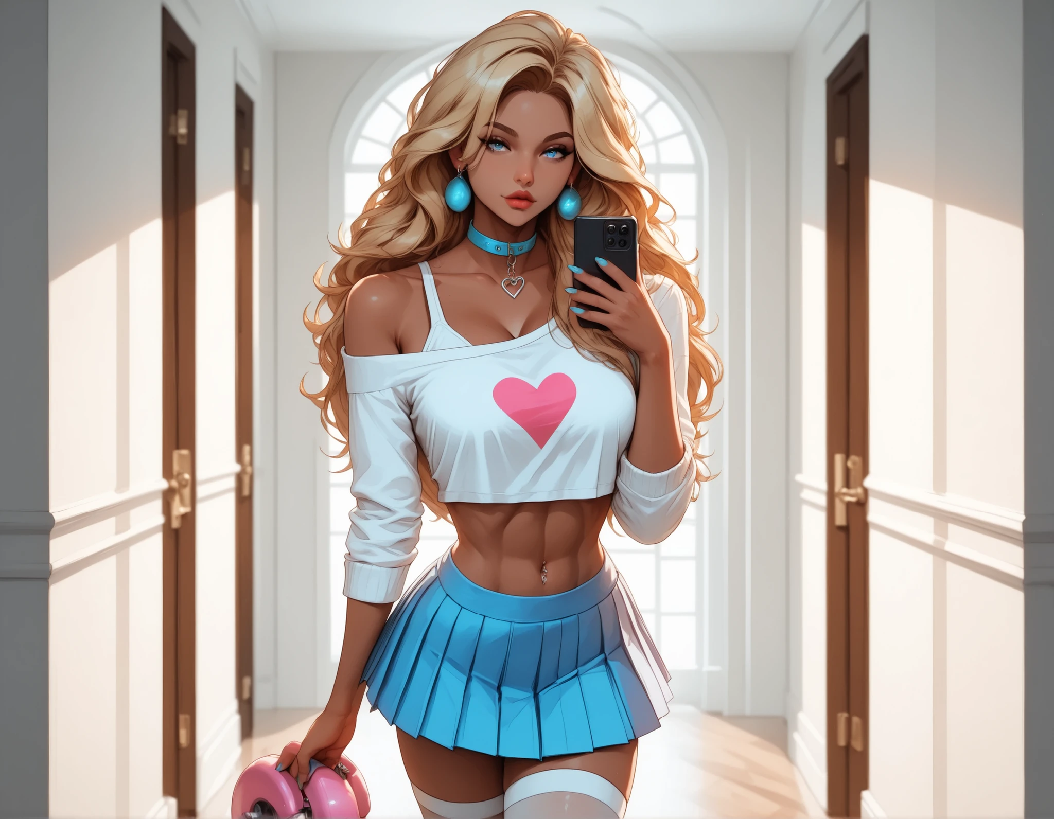 modern_campus_hallway, glossy_tile_floors, from_behind, solo, solo_focus, looking_over_shoulder,  fluorescent_reflections, 1girl, tanned_skin, (bleached_blonde_hair:1.2), loose_curls, glossy_hair, (detailed_face:1.3), thick_eyelashes, heavy_makeup, (sharp_jawline), (high_nose_bridge:1.2), (pouty_lips:1.2), glossy_pink_lips, refined_cheekbones, glowing_skin, arched_eyebrows, visible_philtrum, gyaru_style, hot_pink_crop_top, rhinestone_text, ultra_mini_white_skirt, pleated_skirt, white_thighhighs, platform_sandals, rhinestone_belly_button_piercing, coral_acrylic_nails, silver_hoop_earrings, heart_choker, holding_phone, hello_kitty_phone_case, one_hand_on_thigh, looking_back, narrowed_eyes, teasing_smirk, (hip_pop_pose:1.2), (cowboy_shot), hallway_perspective, soft_fluorescent_light, reflective_surfaces, (cinematic_lighting), (volumetric_lighting), rim light, soft shadows, ((forced_perspective)), (Diminishing scale perspective:1.3), (masterpiece:1.2), (best quality:1.2), ultra detailed, 8k, watercolor, (lora:Yandere Queen:0.85), (lora:SDXL high detailed. LoRA_SDXL_ARW_0010:0.75), (lora:Waifu Eyes:0.5), (lora:NKxXmo's Shaded Face:0.5), (lora:NoobAI-XL Detailer:0.6), (lora:Detail Tweaker:0.65), (lora:Dramatic Chiaroscuro:1.0), (lora:Vampire Hunter D Bloodlust Style [Pony XL]:0.3)

