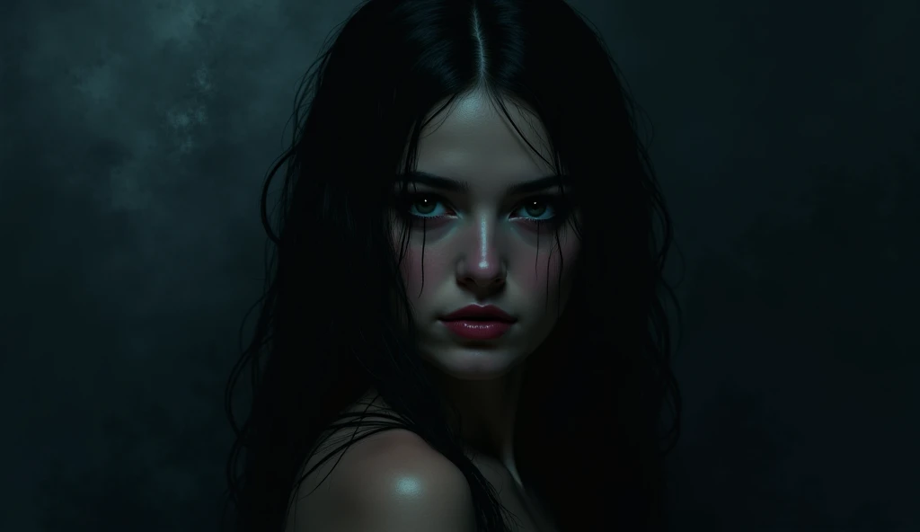 A stunningly realistic dark fantasy portrait of a tall, leggy red-haired woman with a chiseled abs, small waist, large emerald green eyes, and plump lips. She stands confidently, her body displayed in all its glory. The background is a mix of dark, brooding colors, with some ethereal elements, creating an atmospheric and mysterious setting. The overall tone of the image is a blend of beauty, power, and darkness., dark fantasy, portrait photography, painting
