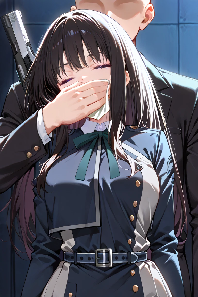 score_9, score_8_superior, score_7_superior, score_6_superior, score_5_superior, score_4_superior, Break Source_anime, masterpiece ,anime screencap,Kudrinie, Long Hair, bangs, Black Hair, Long sleeve, jewelry, ring, Iris,Cape, Severe, Outdoor, Leaning forward, with rope,gag,Struggling,superior半身