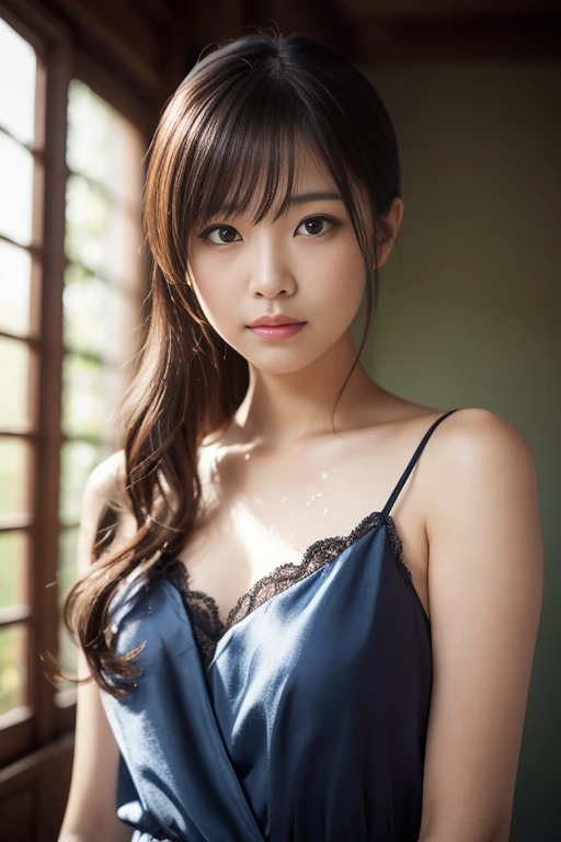 (Highest quality、Tabletop、8k、Best image quality、Award-winning works)、1 Beauty,Great face and eyes, (Highly detailed beautiful face), Bright and shiny lips, look at me、(Face close-up:1.4)、(Elegant navy negligee:1.3)、Small breasts、Slender body、 Accentuate your body lines、Cinema Lighting、(Background of a high-class love hotel:1.3)、(Elegantly standing at the entrance of the bedroom:1.2)、(The most romantic and moody atmosphere:1.2)、(The most atmospheric and warm lighting:1.2)、(Tyndall effect:1.2)、(Strongly blurred background:1.2)、(Romantic lighting for epic films:1.1)、(Accurate anatomy:1.1)、Very white skin、(Perfect beautiful bangs:1.1)