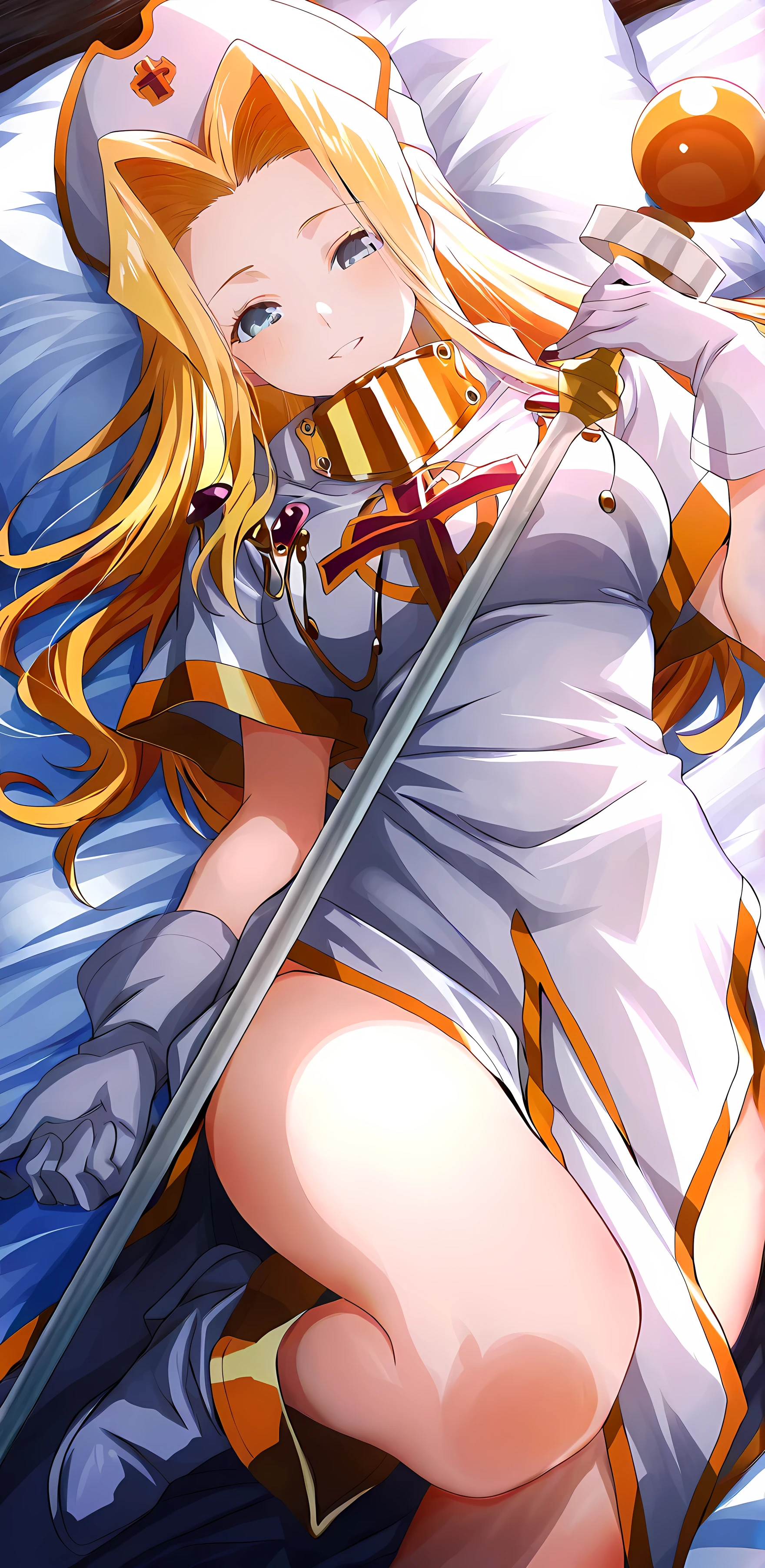 masterpiece,high resolution,Highest Quality,8k,((Highest Quality)), (masterpiece)), (details: 1.4), high resolution, (masterpiece: 1.4), 超details, anime screen cap, Anime Colors、hat, long hair, blonde hair, blue eyes, gloves, dress,cross, boots,nurse cap, slit skirt,Tales of Fantasia AS
、As you give、1 beautiful girl, smile、in bed、very large breasts、staff、ホルディング staff、I'm wearing a good quality、thighs、perfect feminine face、前かがみ、temptation、Dynamic Angle