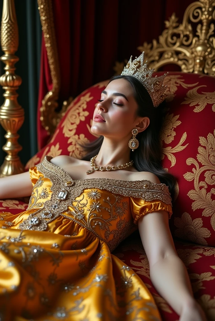 (photorealism:1.2), women, crowned, white robes, royals, golden royal throne room