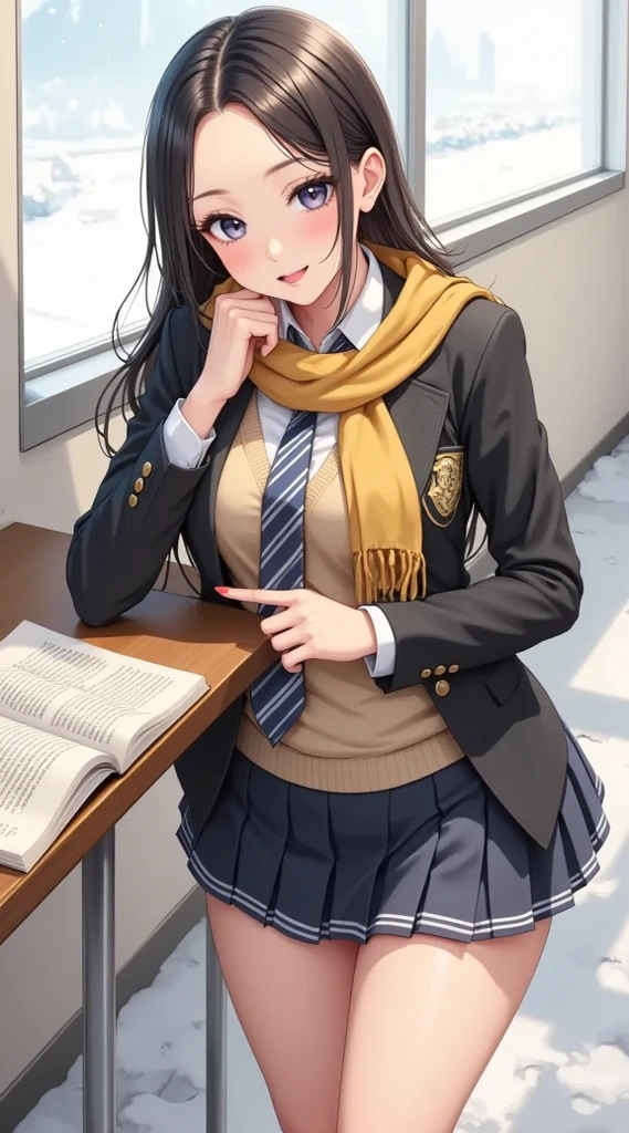 (masterpiece, computer, mejor quality, Clear focus, shadow, anime style, Ultra High Resolution, 8K, perfect anatomy, rostro perfecto, (detailed face), ( Detailed eye ), score_9, score_8_up, score_7_up, score_6_up, score_5_up, score_4_up, source _Animated, Label 1, Label2, quality_masterpiece, gym, beautiful face, rostro perfecto, Beautiful and highly detailed face and eyes, Attractive face, detailed face, delicate facial features, detailed leather, huge breasts, breast size cup D or DD, caderas anchas, gigantic butt texture, thick thighs. Anime-style illustration with a sensual and charming appearance of attractive appearance, with long dark hair. She wears a black school uniform jacket with a badge, a beige sweater, a tie with red and gold stripes and a short skirt. She also wears a yellow scarf around her neck. She is standing by a window in a classroom that overlooks a snowy environment, leaning on a table with open books, y seems to smile shyly.