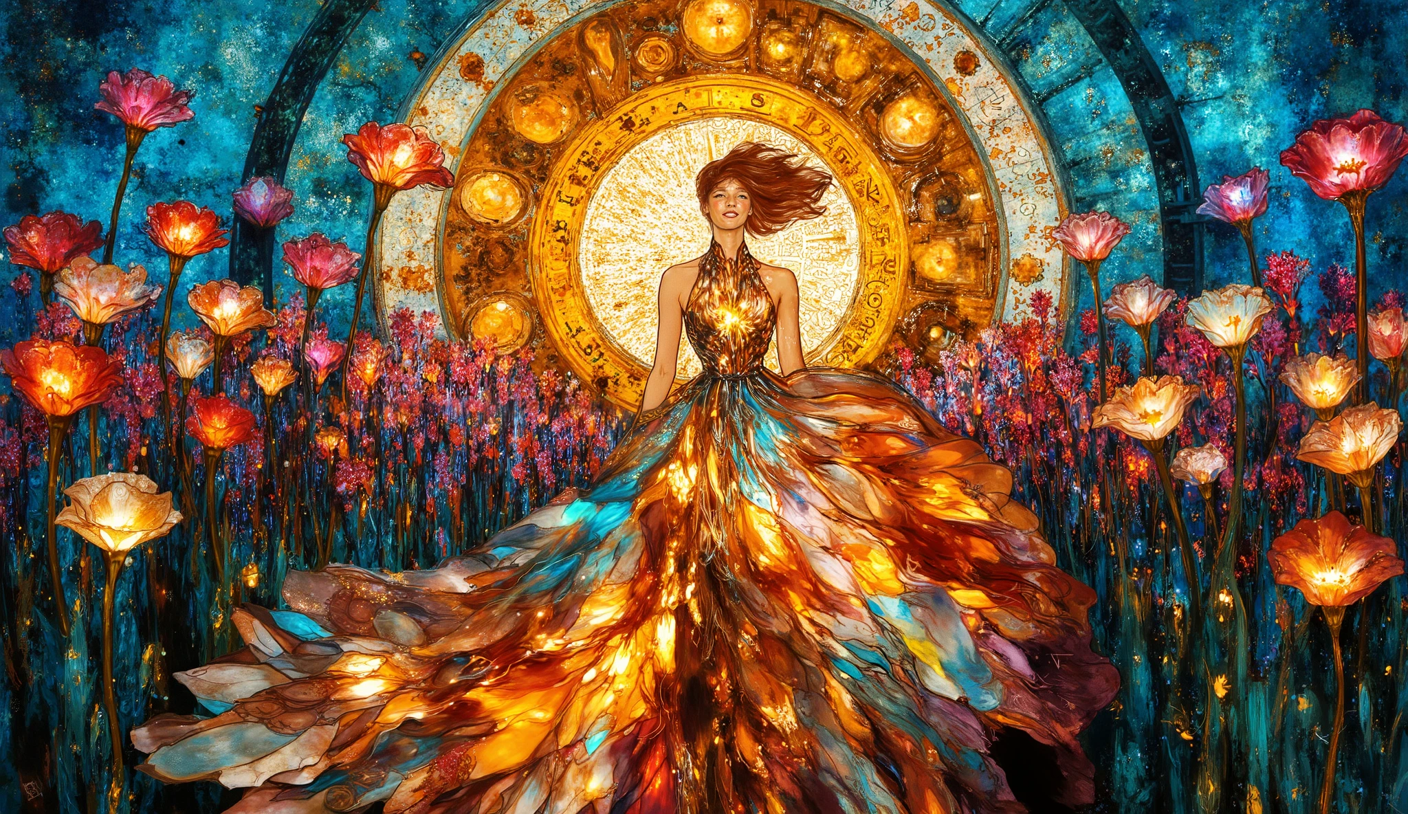 A surreal dreamscape where a woman with windswept hair stands in a field of clockwork lilies, their petals made of stained glass. The woman wears a gown of interlocking gears and wires, adorned with glowing neon accents. The background features a blend of deep blues and golds, with subtle neon accents. The style is a blend of steampunk and art nouveau, with intricate details and a sense of divine wonder. Inspired by the works of Greg Rutkowski and Alphonse Mucha, with a touch of Alex Grey's cosmic mysticism.