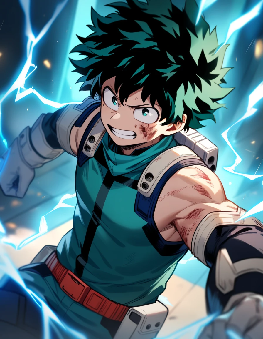 mt quality,ultra-detalhado,Realistic,cores brilhantes e vibrantes,studio lighting,Physically-based rendering,Deku de My Hero Academia,olhos verdes e castanhos detalhados,energetic facial expression,messy green hair,Green hero costume with lightning symbol,Pose focada e determinada,Action-packed dynamic background with explosions and debris,Comic book style,Japanese manga and anime style,Poder heroico,Iconic battle scene,showing the incredible strength and courage of Midoriya Izuku
anga character boy action scene running