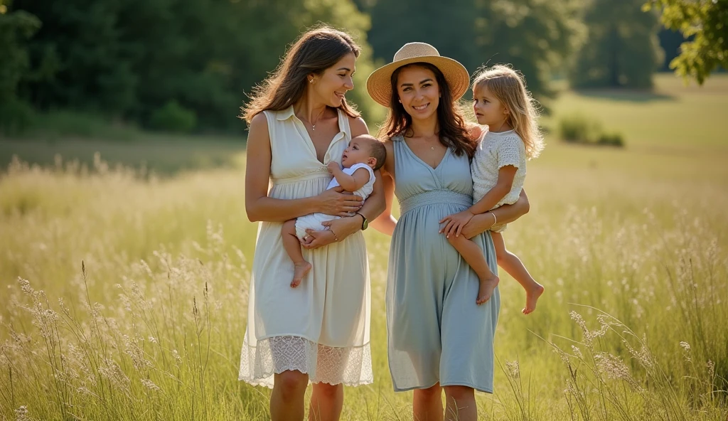 Femme enceinte cheveux attaché veste cuir jaune mini short jean grand sac a main, with his daughters, they are in the mountains