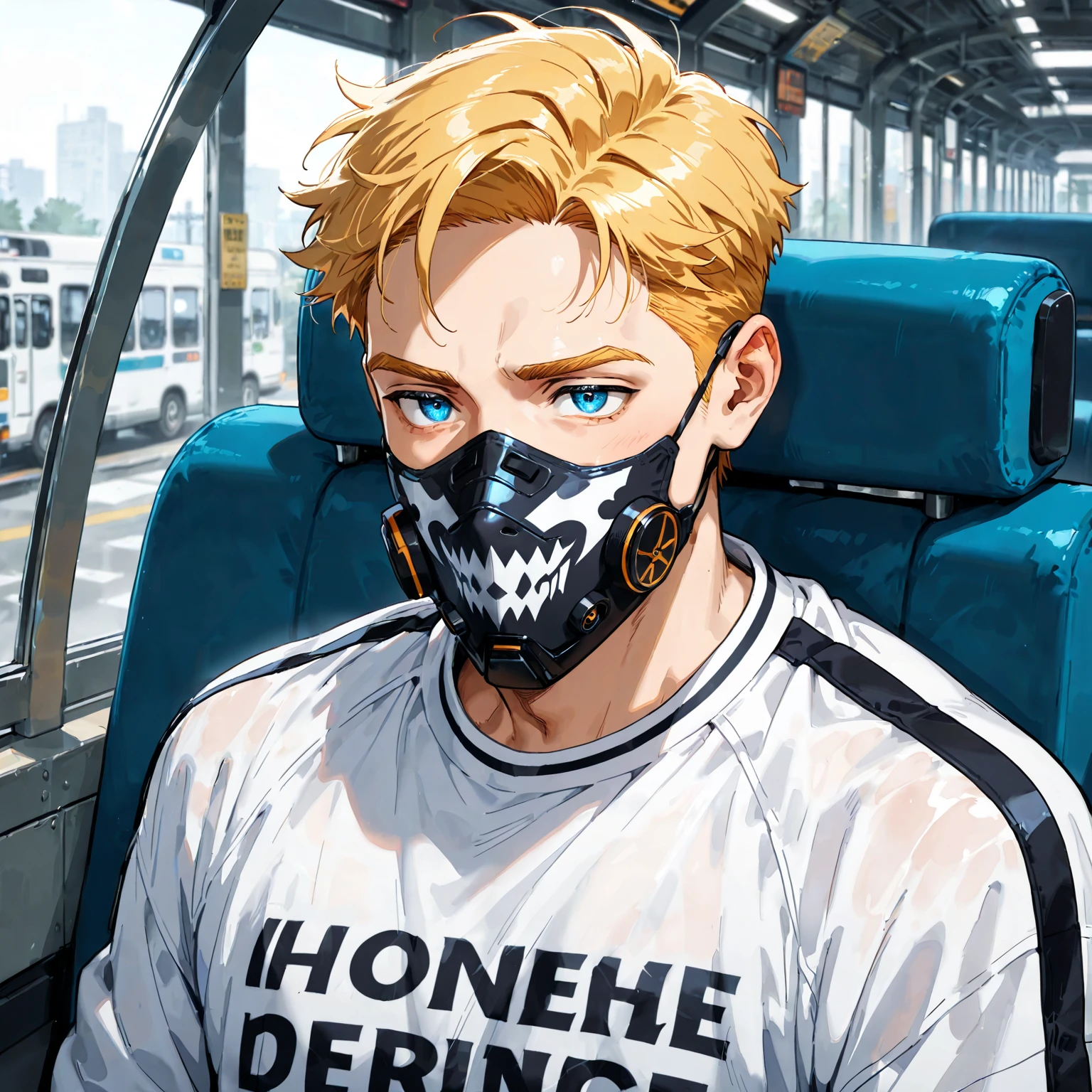 absurdres, highres, ultra detailed, HDR, master piece, best quality, perfect face, beautiful eyes, delicate features, Quincy, blond messy hair, expressive amber eyes, Nu Carnival, solo, sexy man, handsome, prisoner orange clothes, orange pants, black metal mask over the mouth, black collar, underground dungeon