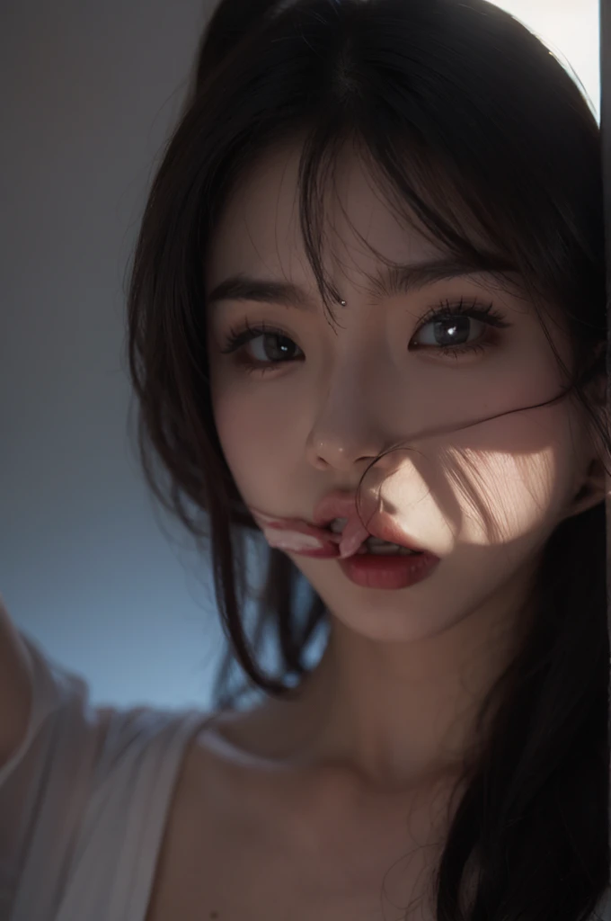 a sexy young girl with crossed eyes and a long sticking out tongue, ahegao face, nsfw, big breasts, muted colors, high contrast, natural skin texture, hyperrealism, soft light, focus ahegao face