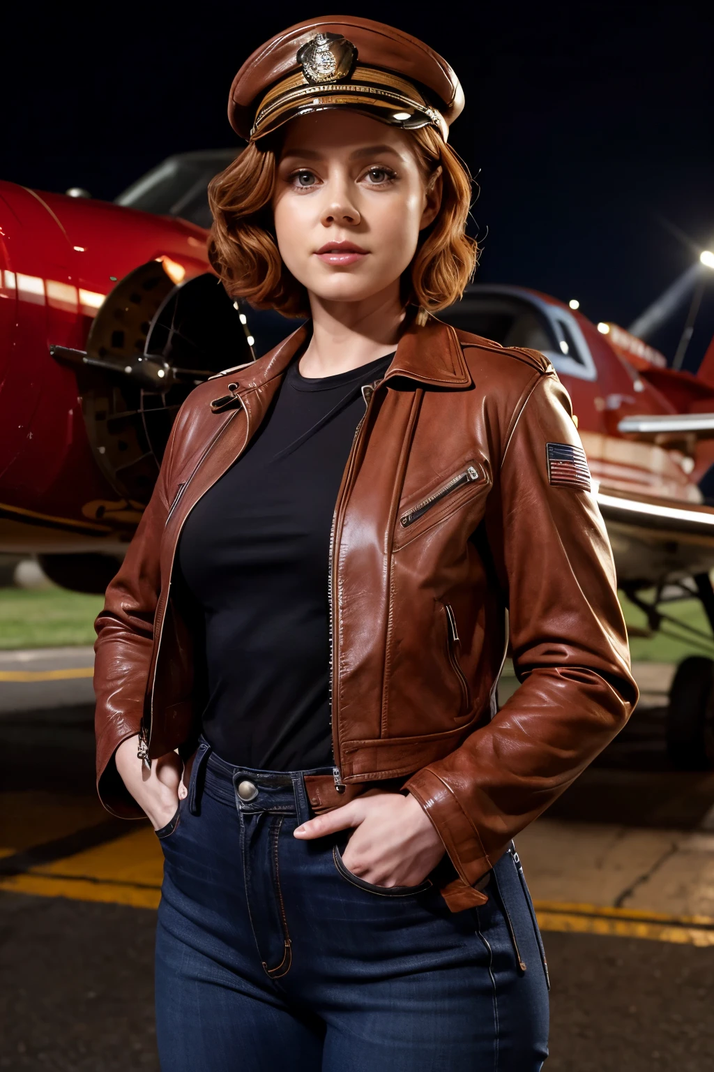 Amy Adams perm bob short hair Amy Adams photographed in front of a bright red airplane Naked Brown Leather Jacket pilot cap skin-toneパンツ leather boots Outdoors night full body