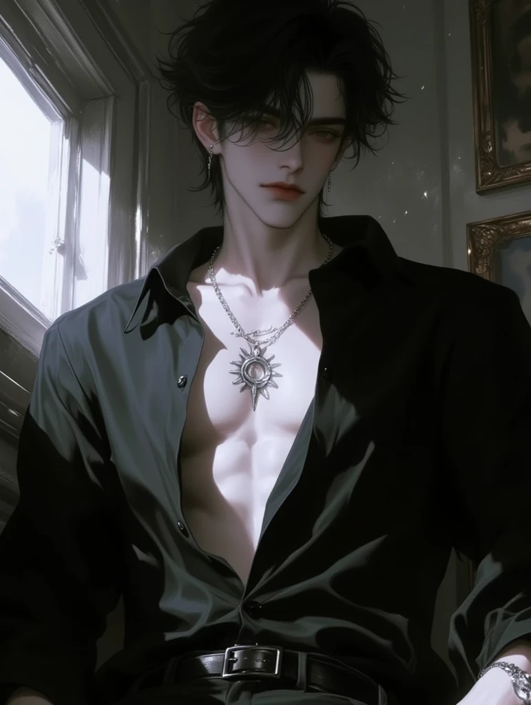 ((Best quality)), ((masterpiece)), (detailed), ((perfect face)), ((halfbody)) perfect proportions ,He is a handsome student, 18 years old, short hair, topless in uniform, there is a background of a school gothic room with lit candles, gnostic vibe ((perfect face))