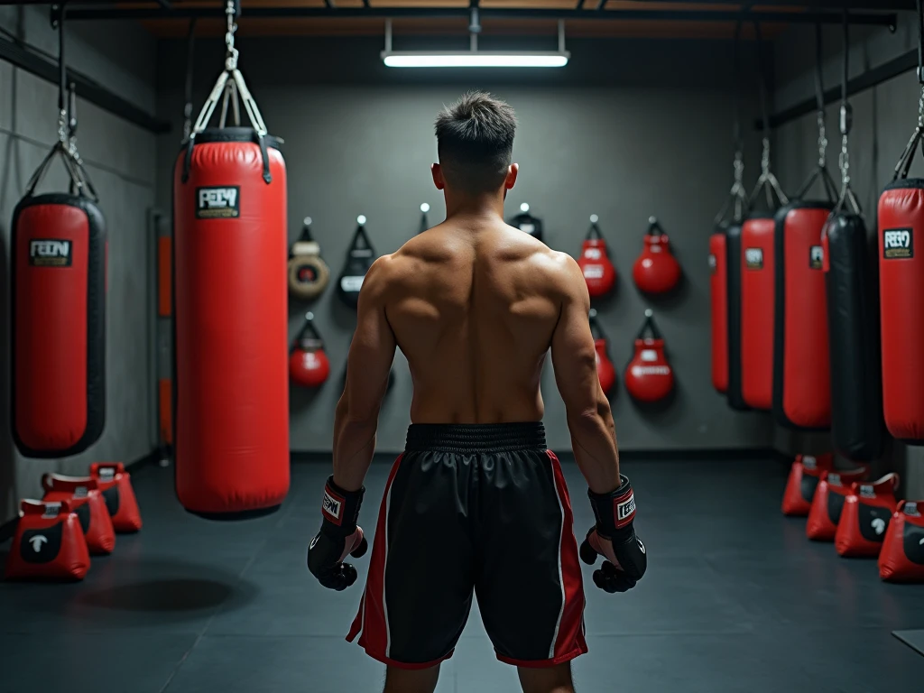 Describe a young Indonesian male with fair skin, slightly chubby, standing at 170cm tall, in a photo studio with an aesthetic wall backdrop, facing away from the camera, wearing clothes., Full boxing pants with boxing gloves and boxing robe. Realistic photo, 8k, HDR