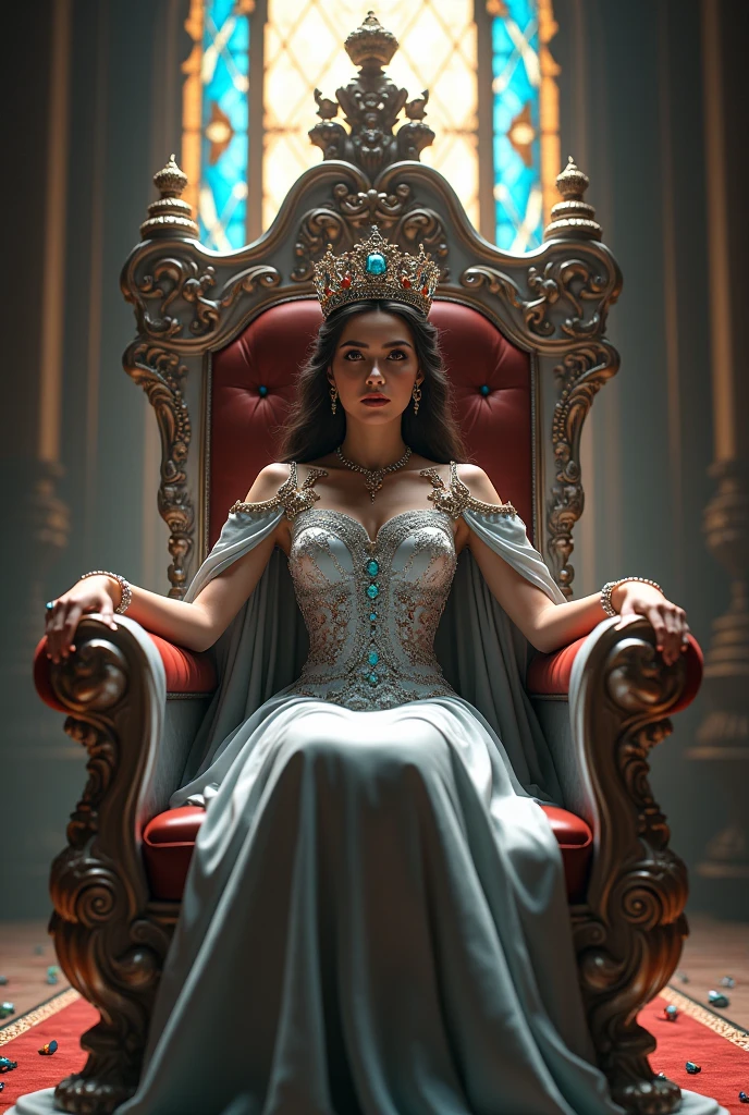 a Full body photo of a beautiful queen with black hair sitting a blue throne, 8k intricate, elegant, highly detailed, majestic, digital photography, art by Artgerm and Ruan Jia and Greg Rutkowski Surreal painting of filigree blue butterfly, broken glass (masterpiece, side lighting, beautiful finely detailed eyes: 1.2 ), hdr