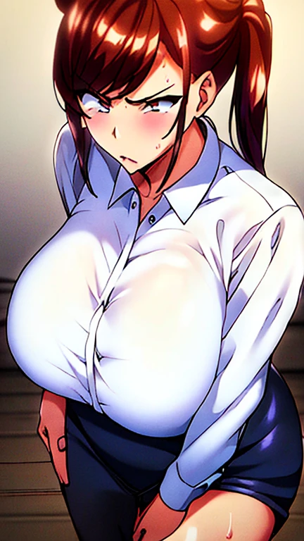 The woman who had sex just now,Red hair,Twin tails,Angry face,blush,Big Breasts,Thick thighs,White dress shirt on upper body,The lower body is a black tight skirt,Sweaty,See-through bra