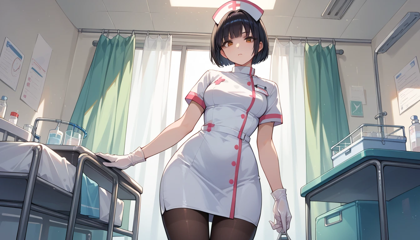 Infirmary, curtains, 1girl, full body, nurse, white dress, masterpiece, best quality, very detailed, anal_beads,, egg_vibrator, cock_ring, hitachi_magic_wand, vibrator, double_dildo,,