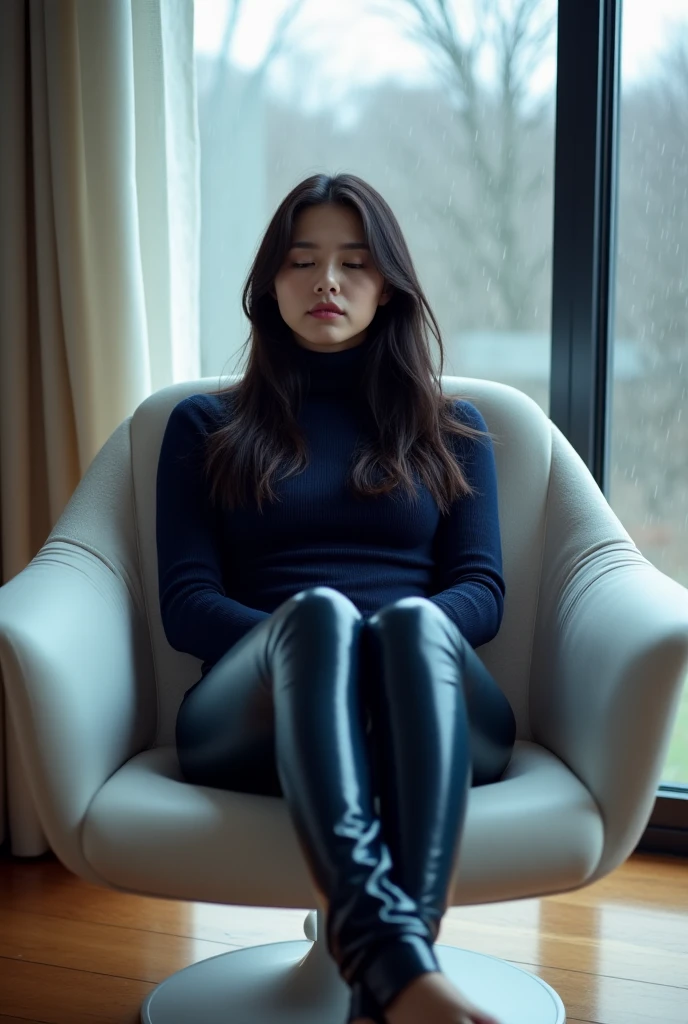 Hyper-realistic, cinematic quality images in a hyper-futuristic hospital. Hyper futuristic examination rooms with the latest technology and AI. Silver walls, hyper-futuristic, colorful and super bright lighting. Scene: Beautiful Japanese woman sitting quietly in a room with hyper futuristic, colorful, bright lighting. A beautiful Japanese woman sits quietly in a chair undergoing an examination. Main Description Appearance: Wavy brown hair, beige sweater, long white pants. (back view: 1.2)