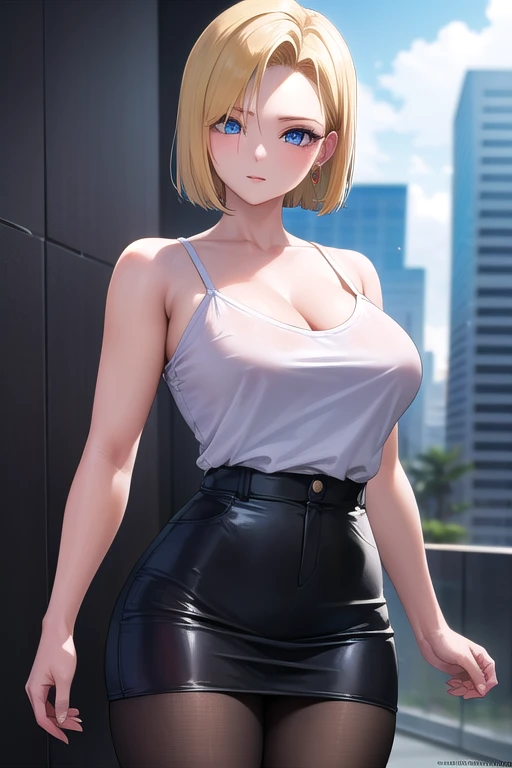 melhor qualidade, highres, and18, 1girl, android 18, solo, cabelo loiro, olhos azuis, cabelo curto, brincos, joias, colete jeans, colete aberto, Black pantyhosebloom, camisa preta, saia jeans, mangas longas listradas, saia azul, rua, (seios grandes: 1.2), fora do ombro,