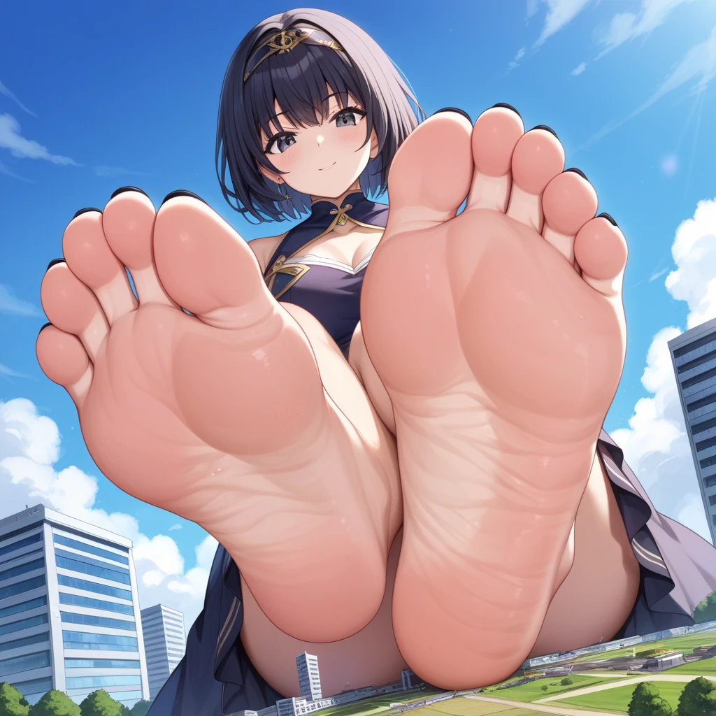 score_10, score_9_up, score_8_up, 1girl, black hair, black empty eyes, short hair, black choker, macro giantess, POV, legs crossed, foot focus, highly detailed, 32k, highly detailed feet, black toenails, high soles, toe ring, high arch, greek toe, wrinkled soles, giantess, focus on feet, feet rested, highly detailed drawing, ultra quality, feet musk, musky feet,