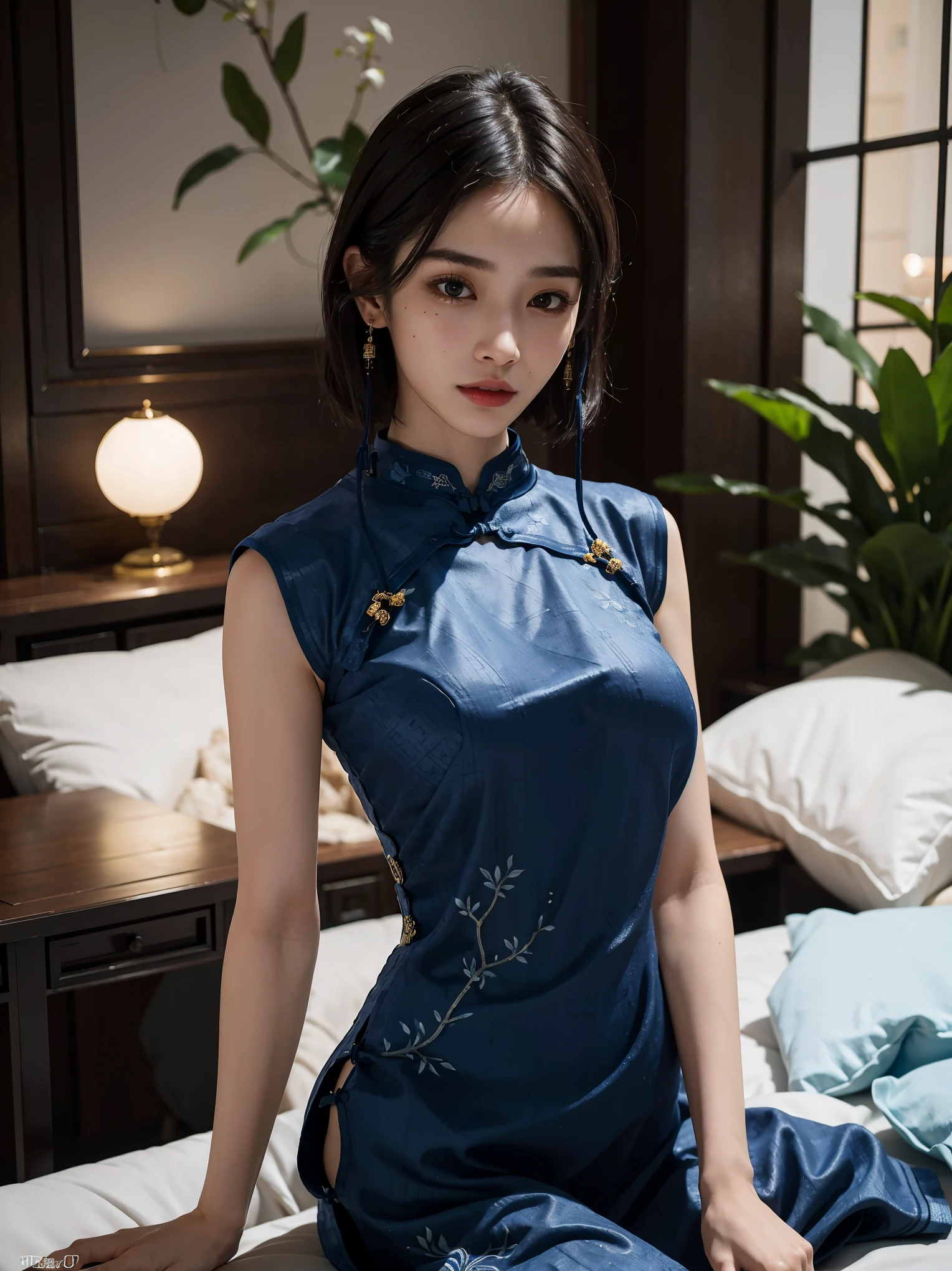 absurdres, RAW photo, extremely delicate and beautiful, masterpiece, Best Quality, ultra high resolution, 32k, hyperrealistic, ultra-detailed, perfect anatomy, perfect figure, super Detailed skin, Very detailed CG 8k wallpaper, in her 30s, very Slim body, narrow waist, very small head, very small face, delicate facial features, tearful mole, earring, thin legs, (very huge round breasts:1.2), full body shot, 1 girls, short hair, (wavy hair:1.2), wet clothes, (Navy cheongsam:1.3), (sleeveless:1.1),