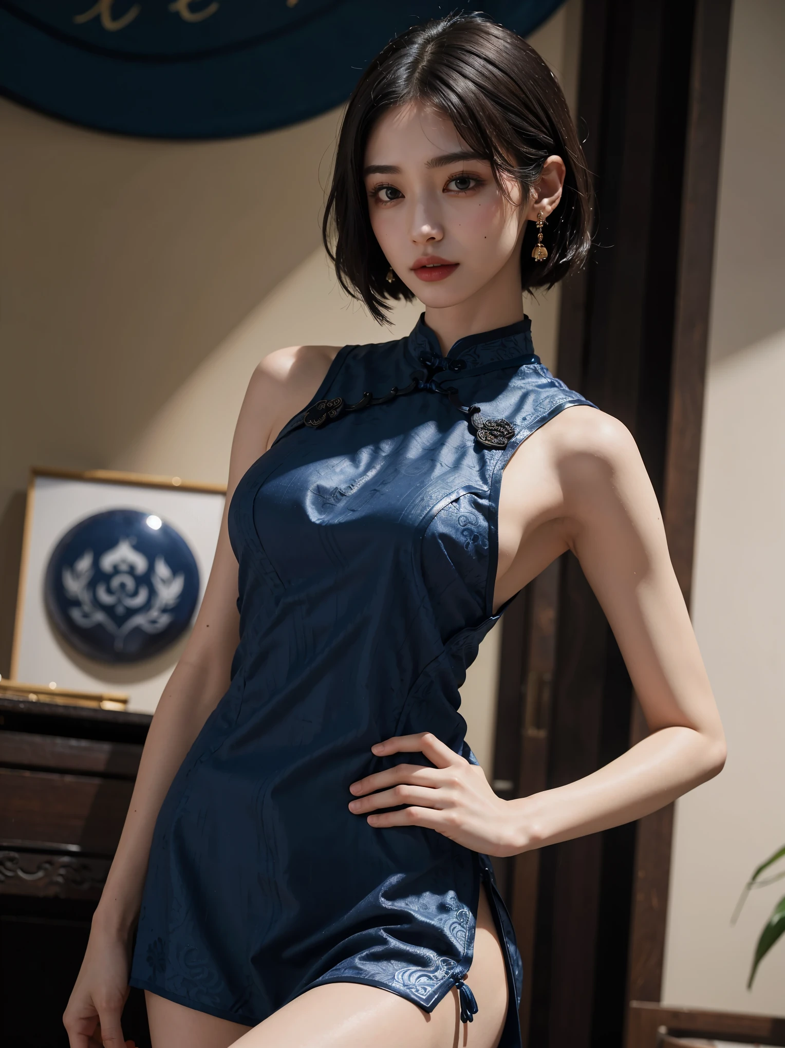 masutepiece、best qualtiy、(Light photo: 1.3)、Photorealsitic, 1 girl in、(Medium hair, brown:1.7)、(Stunning innocent symmetrical face, Beautiful fece:1.5)、(Beautiful eye details:1.5), (Very peaceful heart:1.4), (Little smile:0.7), emotional, BREAK, (Dark blue slim silk ultra-thin cheongsam, tight, Perfect:1.7), (Large breasts, neat shape breasts:1.9), (slender:1.7), (pureerosface_v1:0.7), (thin waist, Thin arms, thin neck, thin shoulders:1.6), (sloped shoulder:1.7), (simple gradation background, Gray:1.5)
