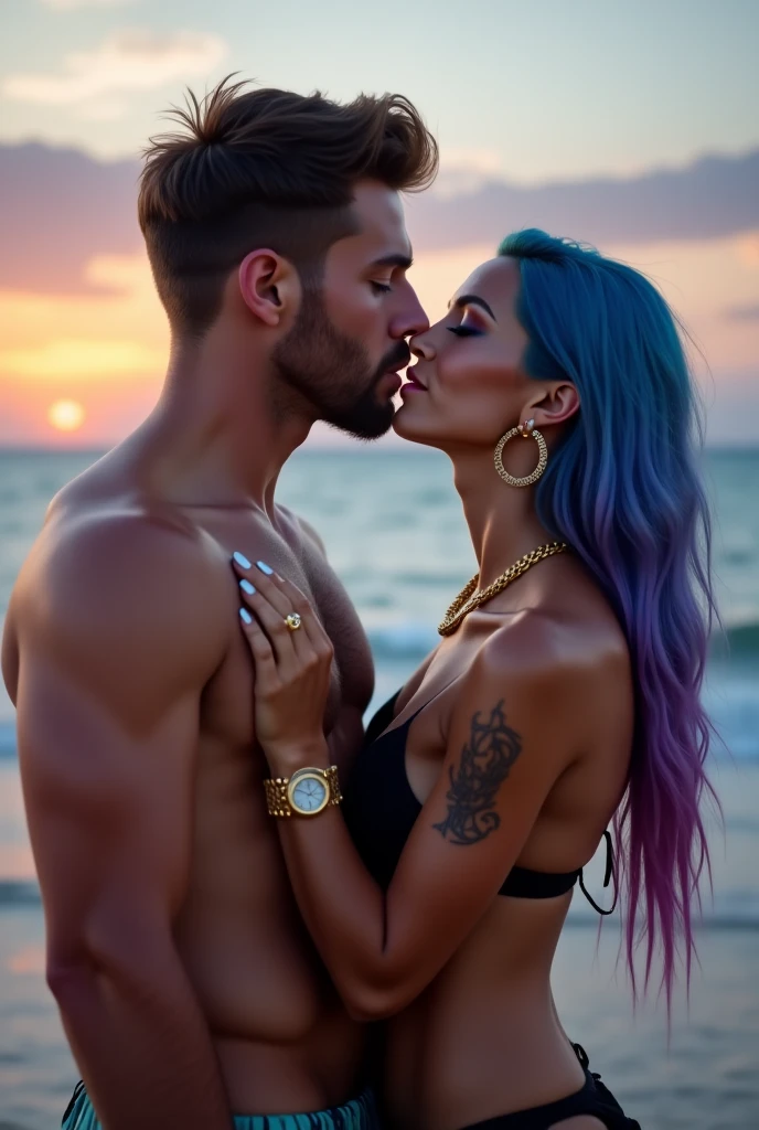 A beautiful white woman with beautiful long straight purple hair with bangs and blue eyes, small mouth, wearing a pink bikini, taking a bath in the waterfall, along with a handsome brown-skinned man with short brown hair with messy bangs and brown eyes, dressed in blue shorts.
