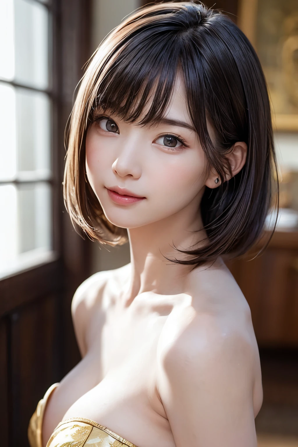 (Tabletop:1.3), (8k, Realistic, RAW Photos, Highest quality: 1.4), Japanese, (One Girl), Beautiful Face, (Realistic Face), (Black Hair), Beautiful hairstyle, Realistic eyes, Beautiful attention to detail, (Realistic Skin), Beautiful Skin, Charm, Ultra-high resolution, Surreal, Very detailed, Golden Ratio,school uniform.blush、Bobcut、Loose and fluffy hairstyle、Drooping eyes、Emphasize the cleavage