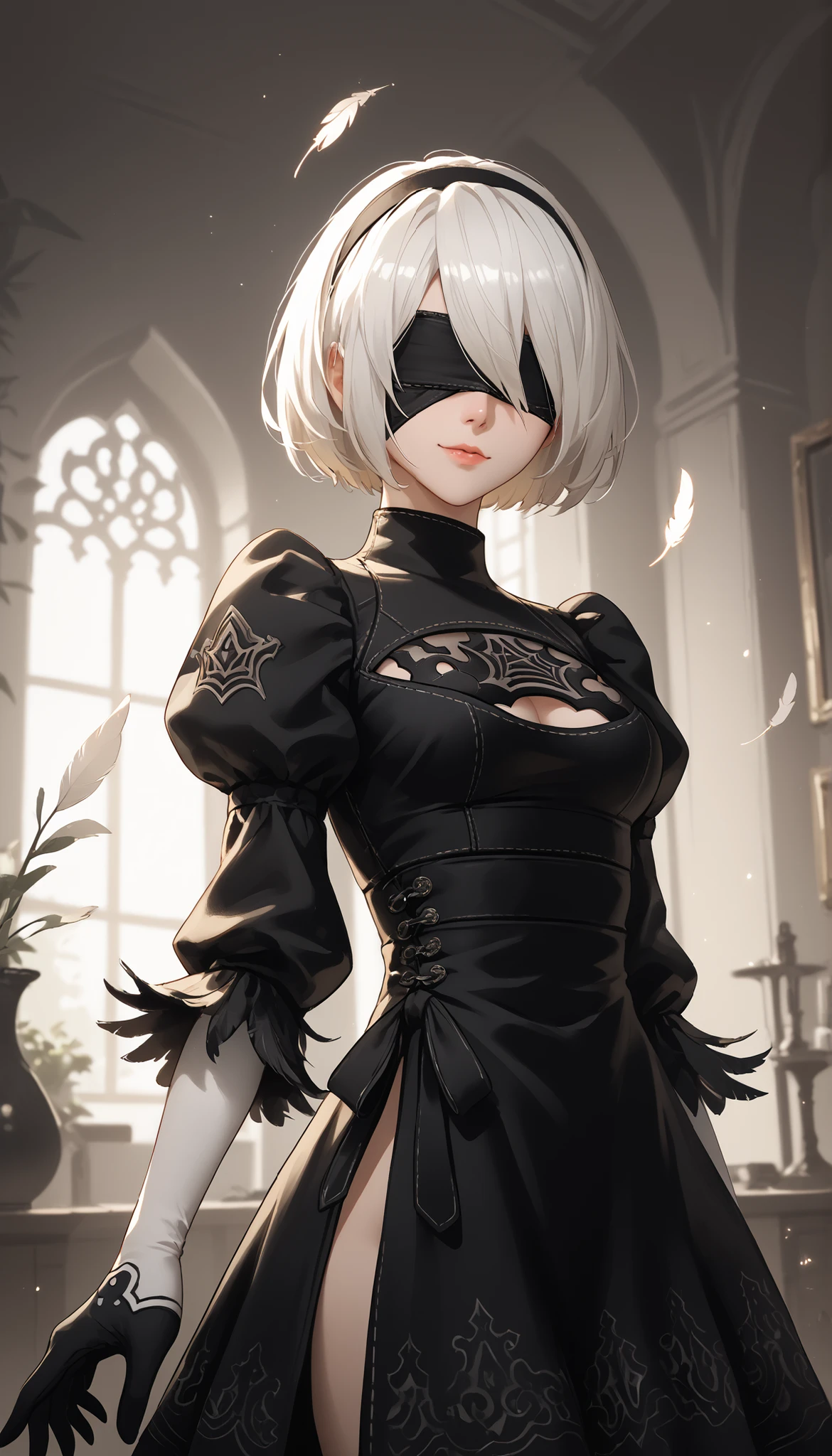 Yorha No. 2 Type B, 1girl in, wlop, (Blindfold), breasts, cleavage, cleavage cutout, Clothes Cutout, Green background, hair between eye, shairband, hight resolution, juliet sleeves, Long sleeves, Nier (Series), Nier Automata, Puffy sleeves, Red lips, Shaded face, Short hair, Solo, turtle neck, Upper body, White hair, skyporn, brushstrokes