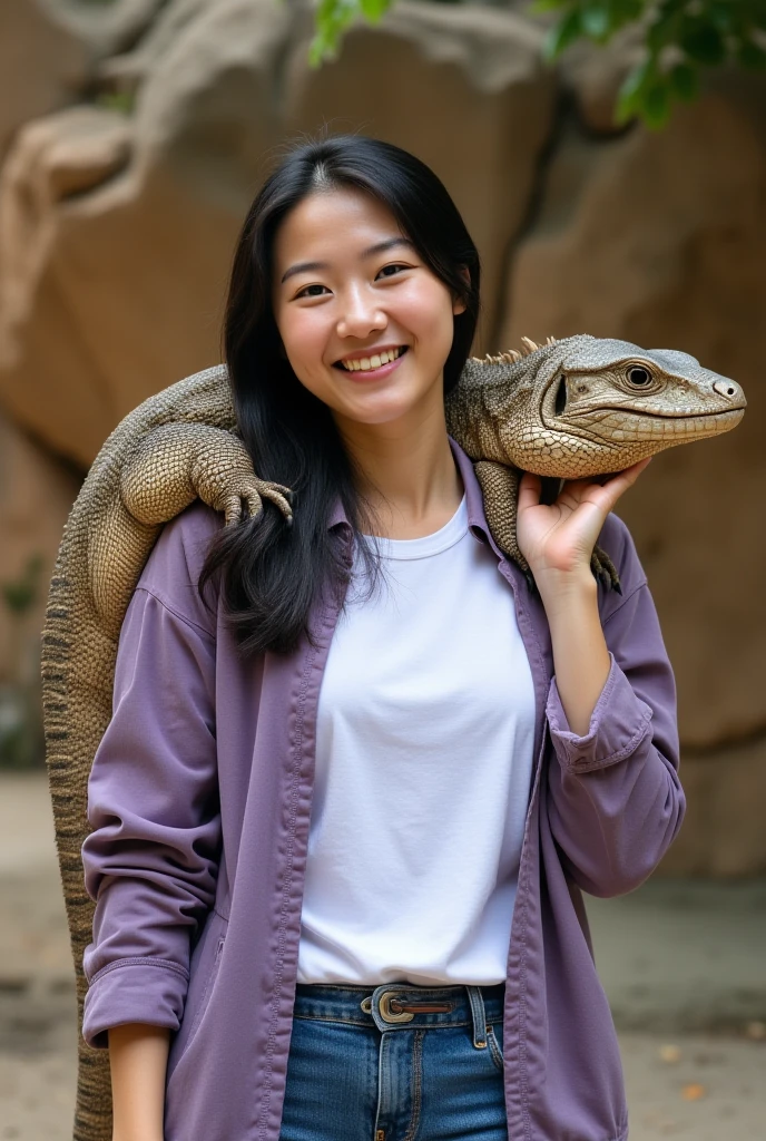 Please make a picture of a beautiful woman dress modestly, Asian, long hair, weight around 55 kg, height 170 cm carrying a turtle. with a house in the background that It says "gyzdenocture" on the wall.