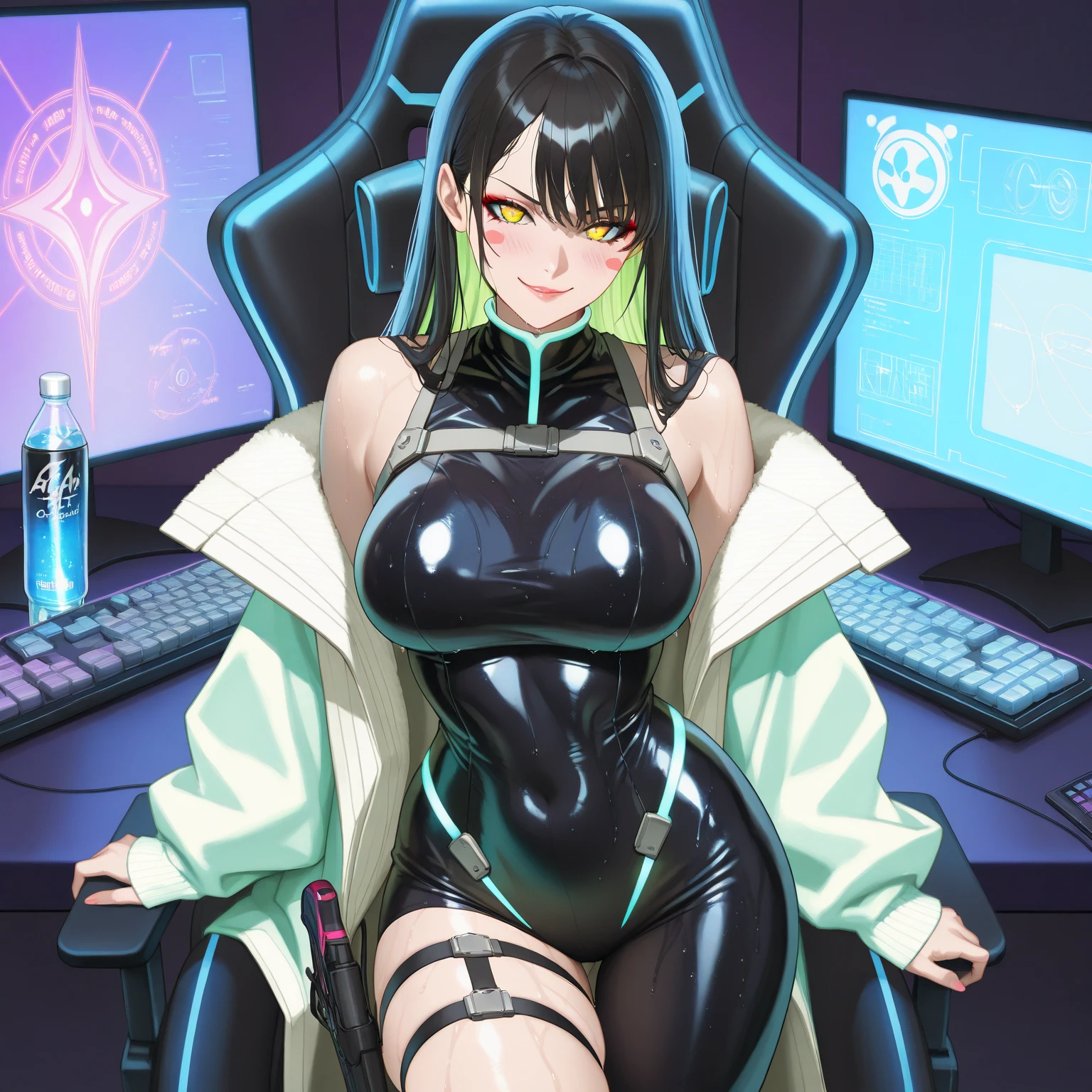 South African woman, Caucasian South African Woman, white skin, cyberpunk, secretary, cyberpunk background, sitting at cyberpunk desk, wearing luxtech, clothing is black and gold, wearing luxury clothing, white skin, large breast, sexy attire, upskirt, flashing panties, wearing thong, wearing glasses, wearing ssahc, dressed provocatively, ssahc, sexy secretary, slutty dress, dressed seductively, horny, hentai, flashing pussy, pubic hair visible, pussy flash, wet pussy, visible vagania, barely there clothing, indecent exposure, not safe for work