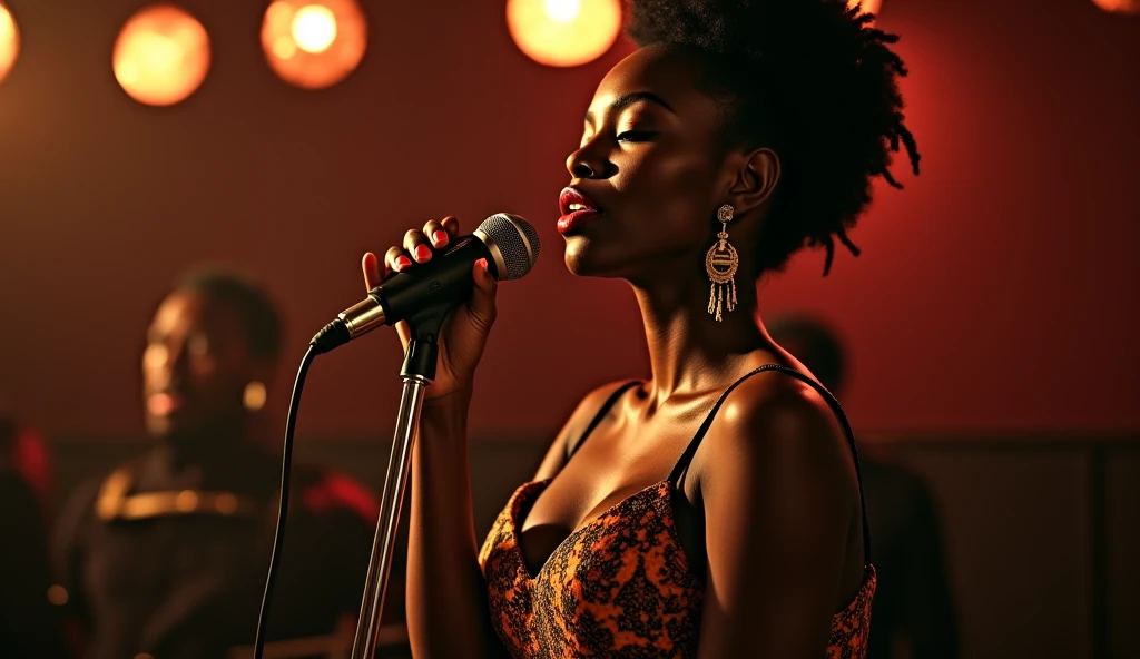 A very sexy black female jazz singer , beautiful lady, singing with a 60's microphone on a tvshow