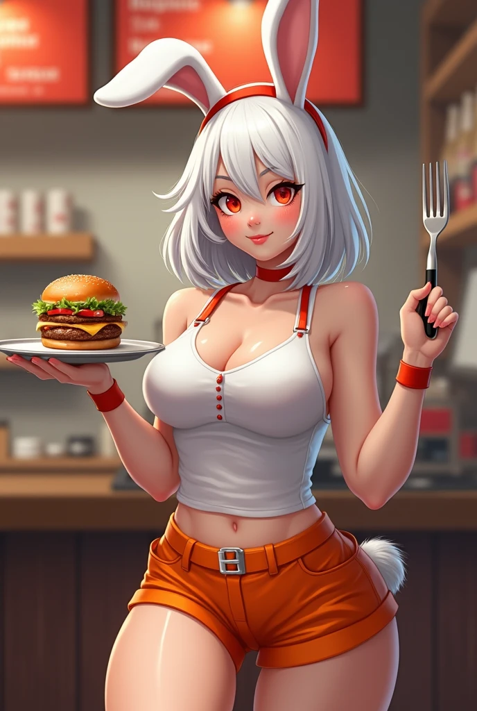 1woman, tanned skin, short white hair, muscular, (wearing embroidered robe), eating a burger