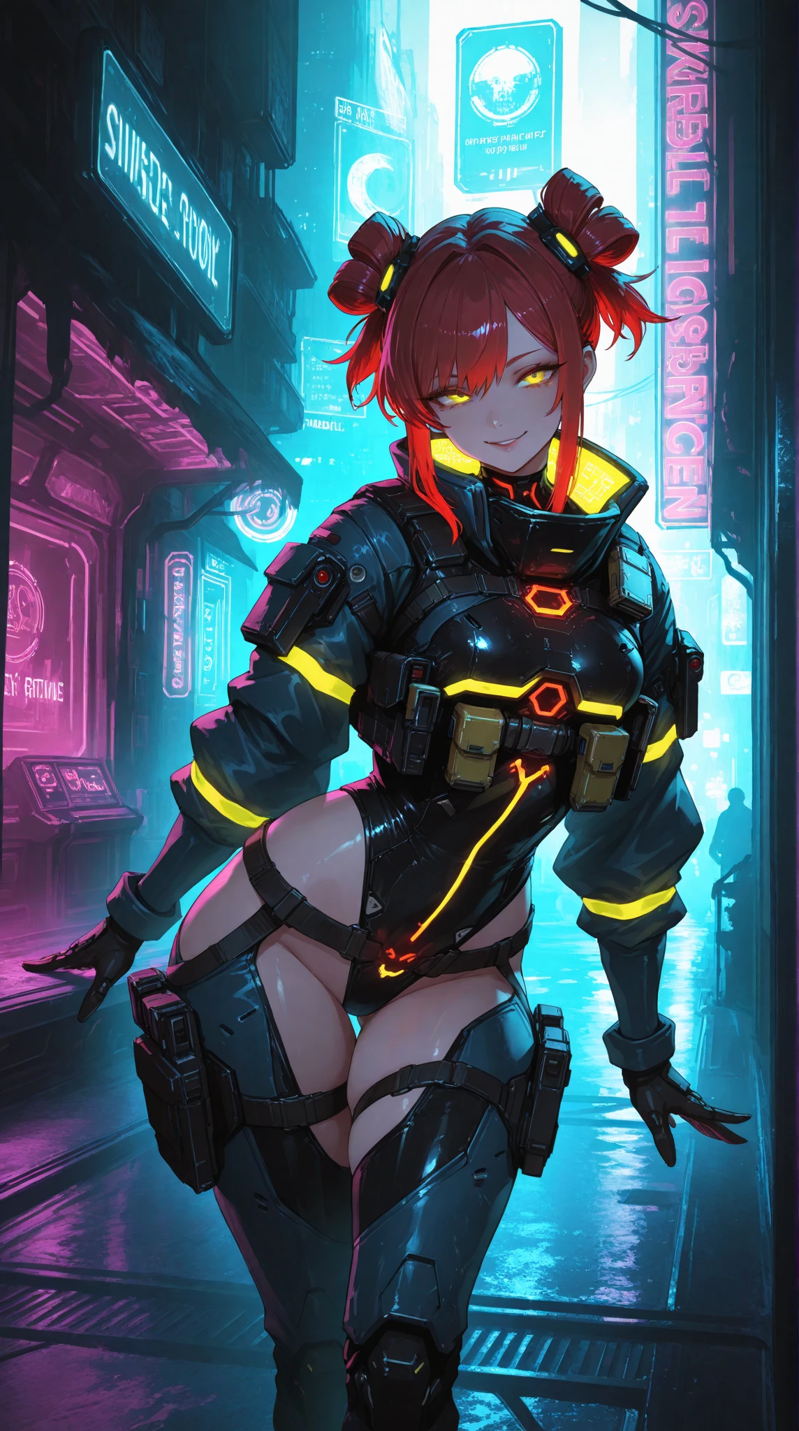 female, red short hair with yellow highlights, orange eyes, (((1girl))), (((orange cyberpunk suit with red trim))), (black cybernetic gauntlets), (black cybernetic boots), (black belt), (cute and sexy, large breasts, large butt, full body, long legs, smiling